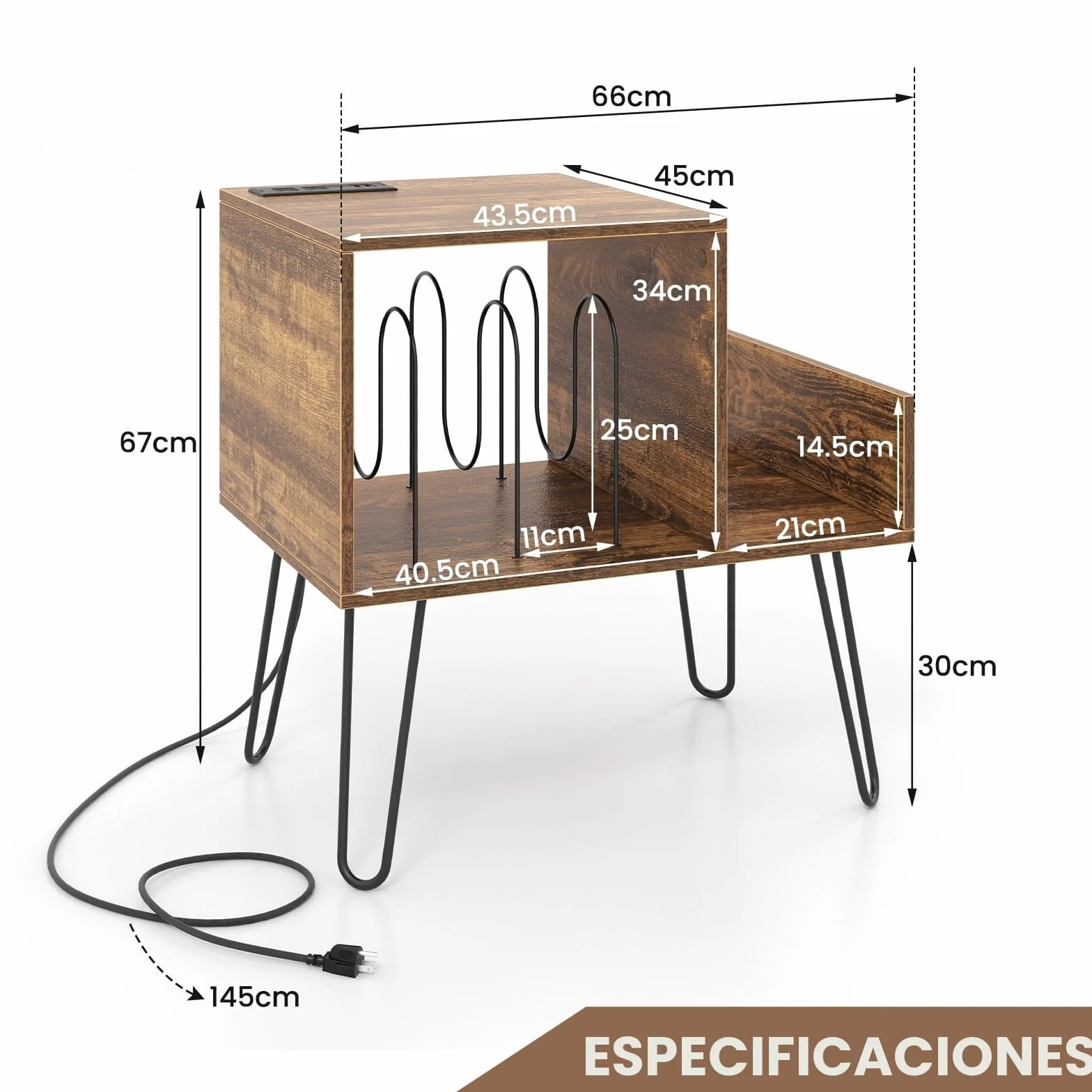 KOMFOTTEU Soporte para Tocadiscos con Estación de Carga, Estantería para Discos de Vinilo, Mesa Auxiliar para 145 Álbumes, Marrón