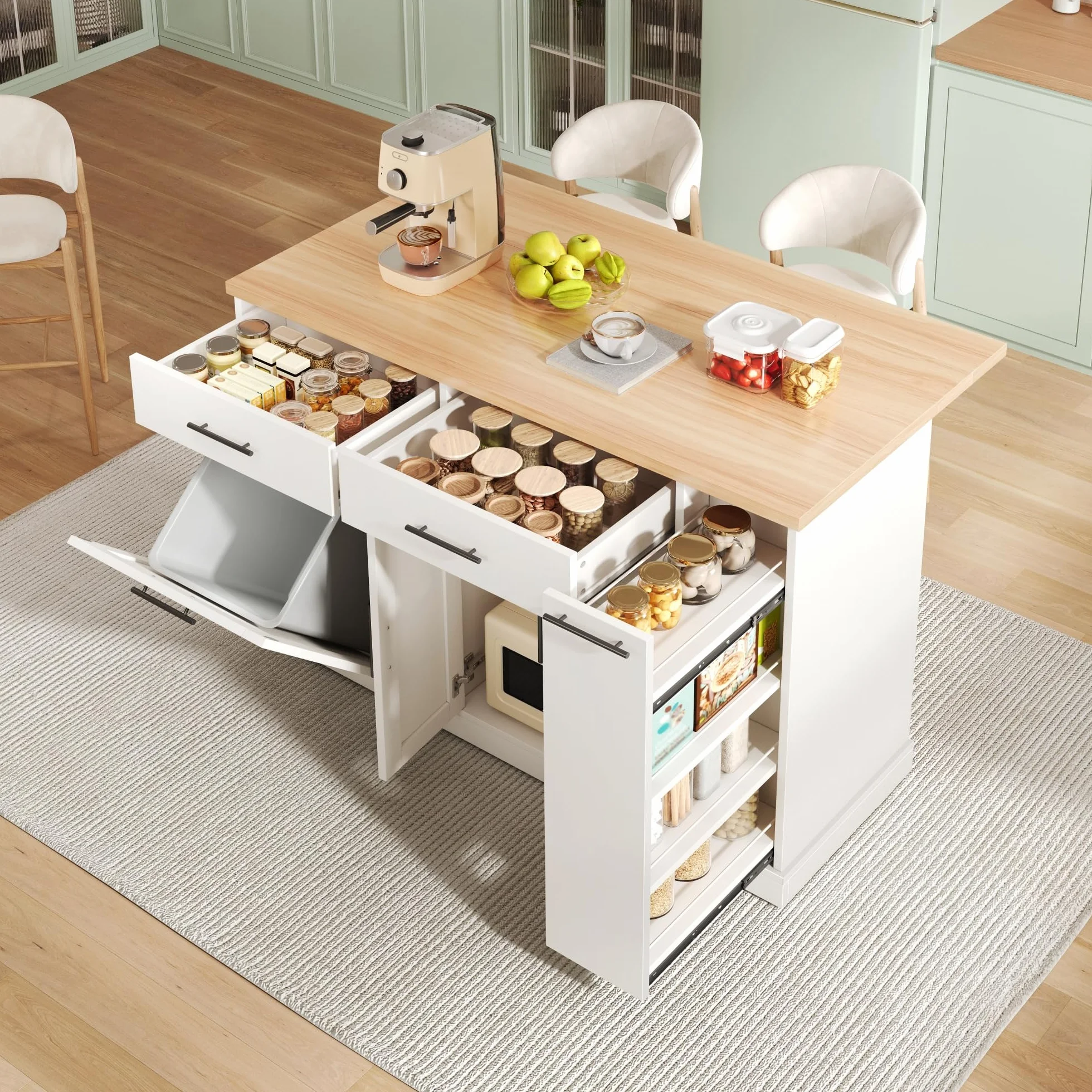 Isla de cocina con encimera plegable, armario de basura y ruedas con bloqueo, estante para especias de 4 niveles, 2 cajones, 120 × 45 (70) × 93 cm, color blanco