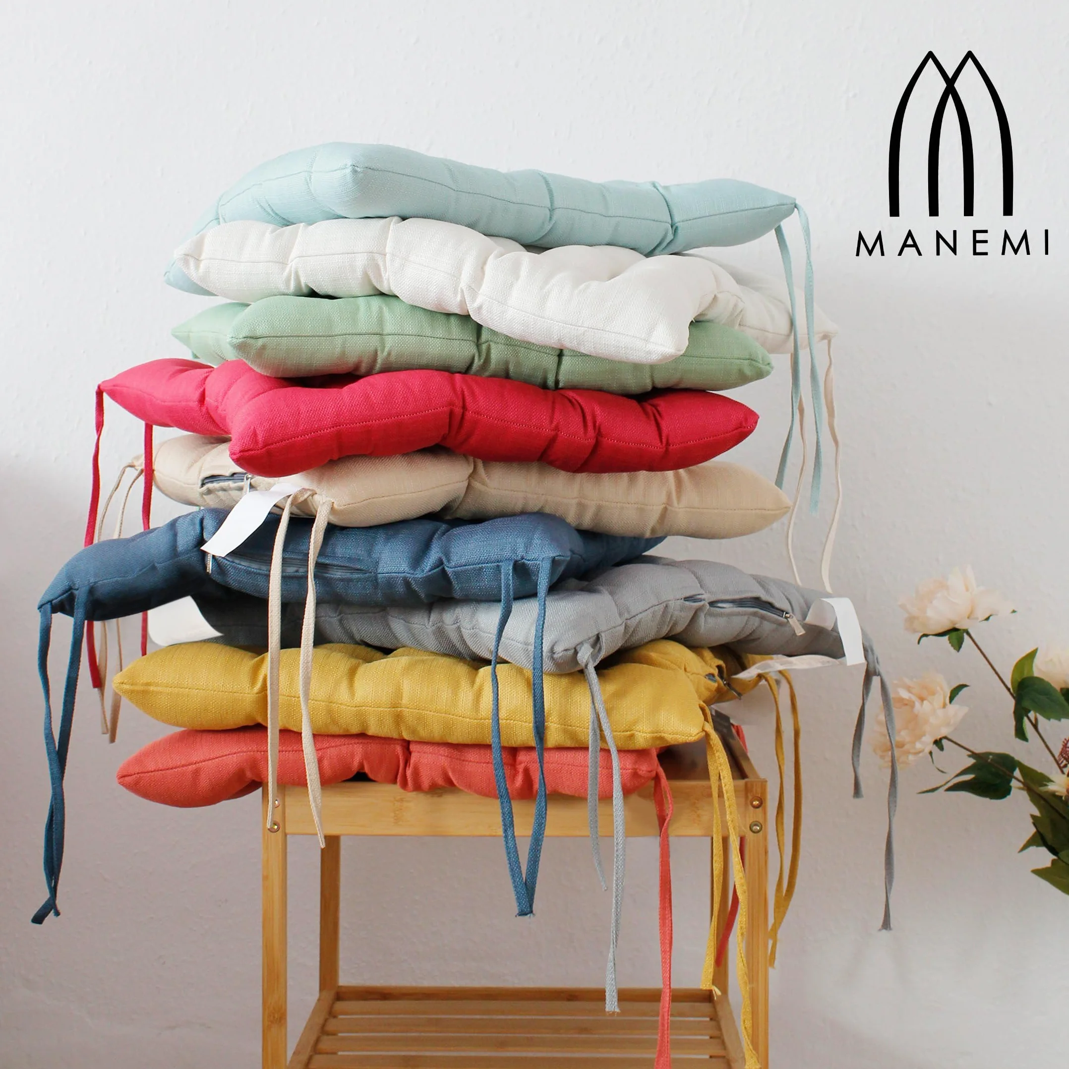 MANEMI Pack 6 Cojines para Silla 40x40x5cm - Cojín Decorativo con Textura de Bambú para Silla, Sofá o Comedor - Juego de Cojines de Asiento Estilo Rústico y Transpirable con Cintas de Sujeción