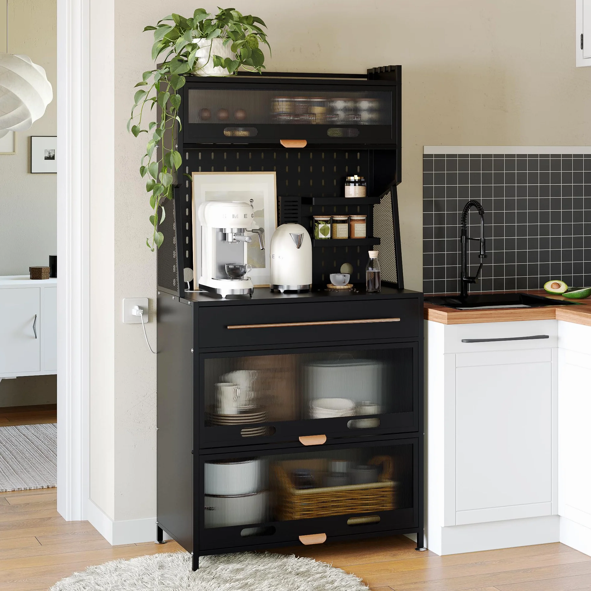 NETEL alacena de Cocina con encimera, Mueble Cocina almacenaje, Mueble microondas,Mueble de Cocina, Armario despensa Cocina, armarios de Cocina, Mueble cafetera,estanteria Cocina，Negro, 80x42x168cm