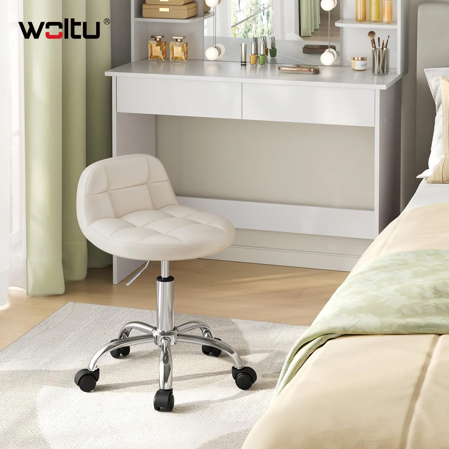 WOLTU Silla de Tocador Terciopelo, Taburete Giratorio con Respaldo Bajo, Altura Regulable 43,5-55 cm, Estructura Metálica Crema