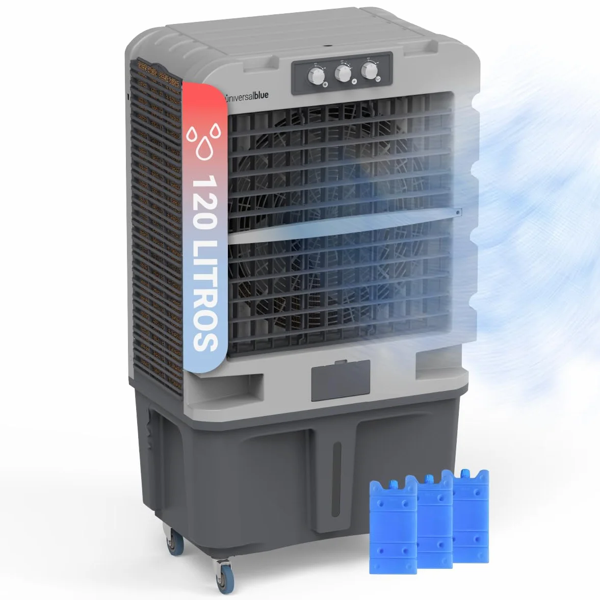 UNIVERSALBLUE Climatizador Evaporativo 120L, Caudal 10.000 m³/h, Cobertura 80 m², 350W, 3 Packs de Hielo, con Ruedas, Interiores y Exteriores, Almacenes