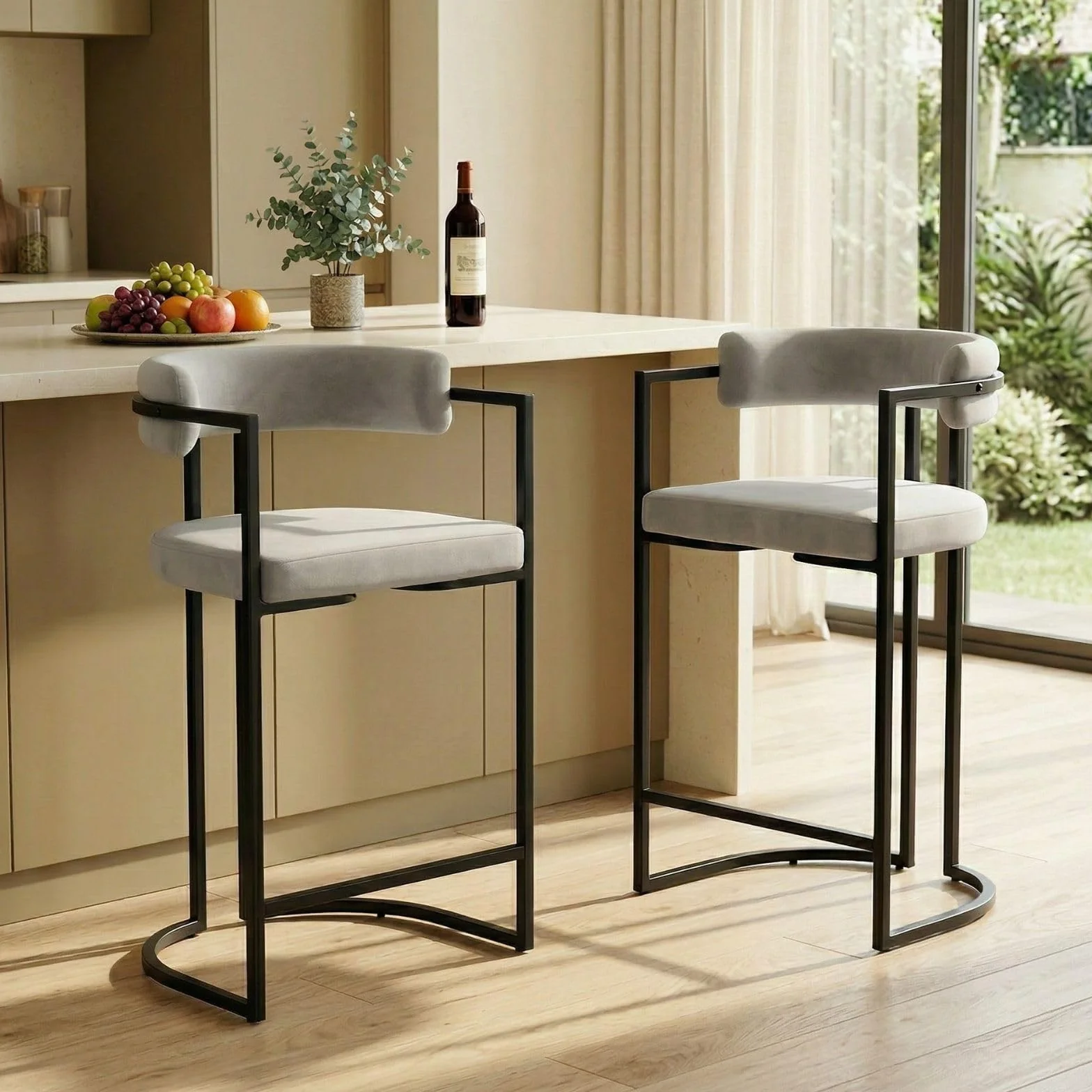 Ya-Home 2X Taburetes Altos de Cocina Modernos Sillas Bar de Terciopelo con Respaldo,Taburetes Altos de Mostrador con Patas Metálicas para Isla de Cocina/Restaurante,Gris