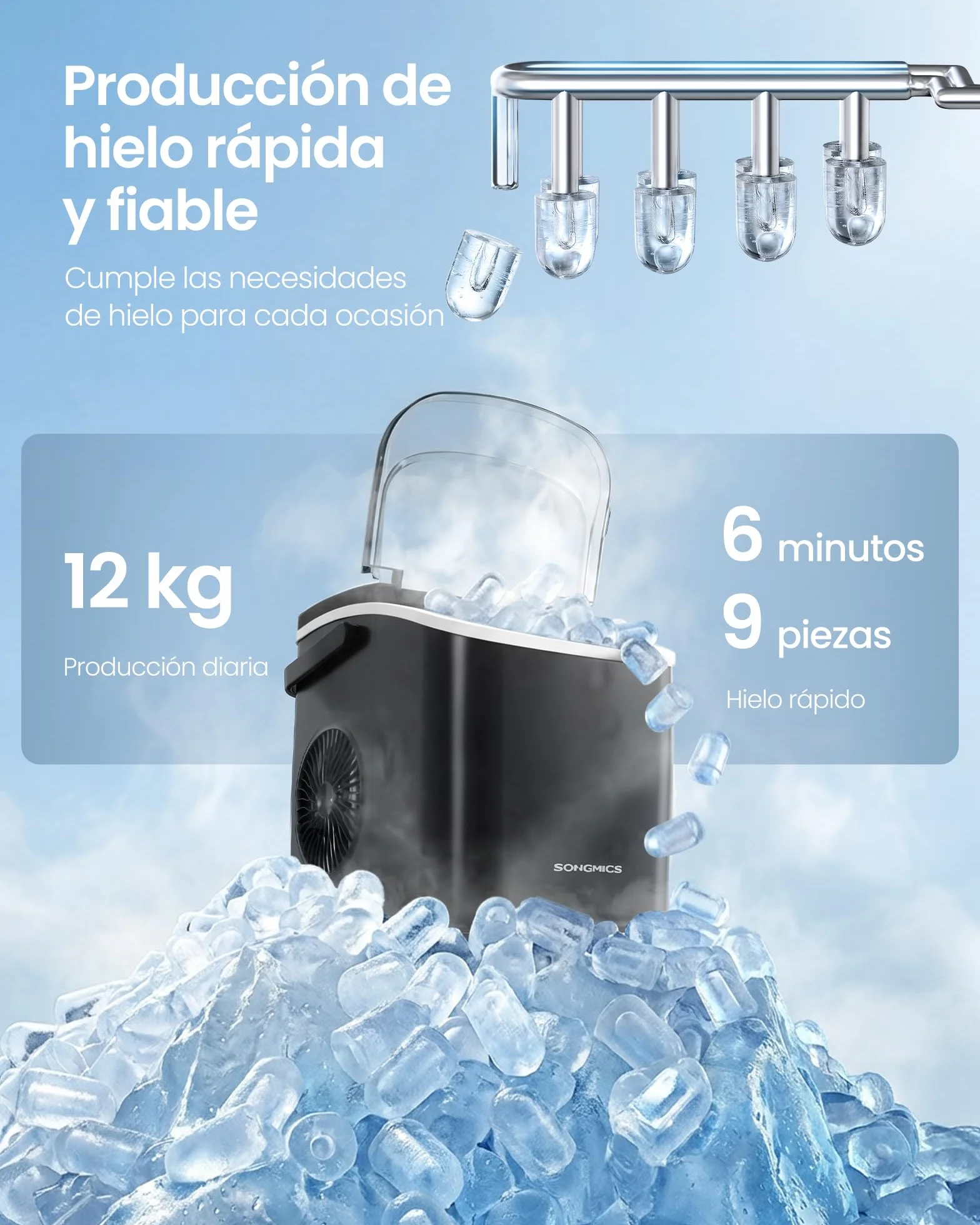 SONGMICS Máquina de Hielo, Máquina de Cubitos Autolimpiante, 9 Cubitos en 6 Minutos en 2 Tamaños, 12 kg en 24 Horas, Portátil, Casa, Cocina, Oficina, Fiestas Camping, Negro Tinta XZB001B1EU