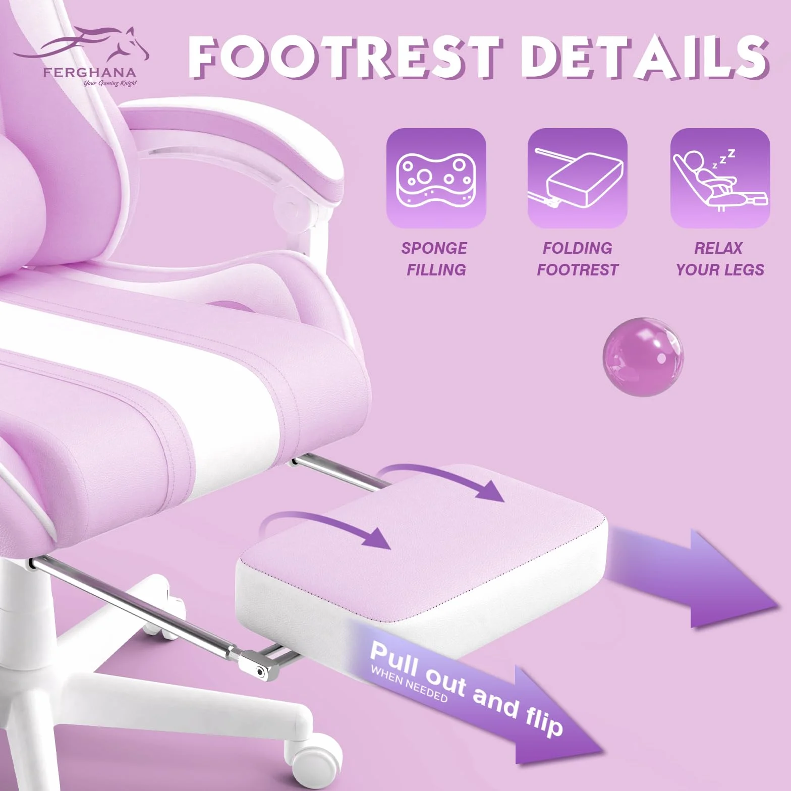 Silla Gaming Ergonomica con Masaje Racing y Reposapiés Kawaii Morado