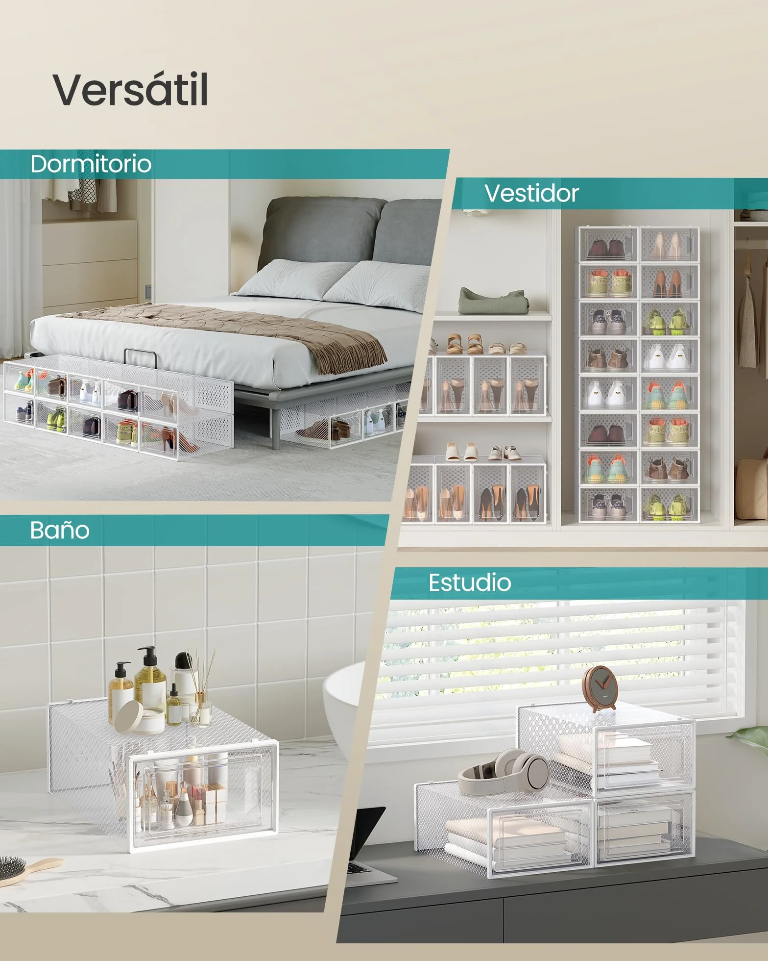SONGMICS Cajas de Zapatos de Plástico Plegables Apilables Juego de 12 Transparente Blanco