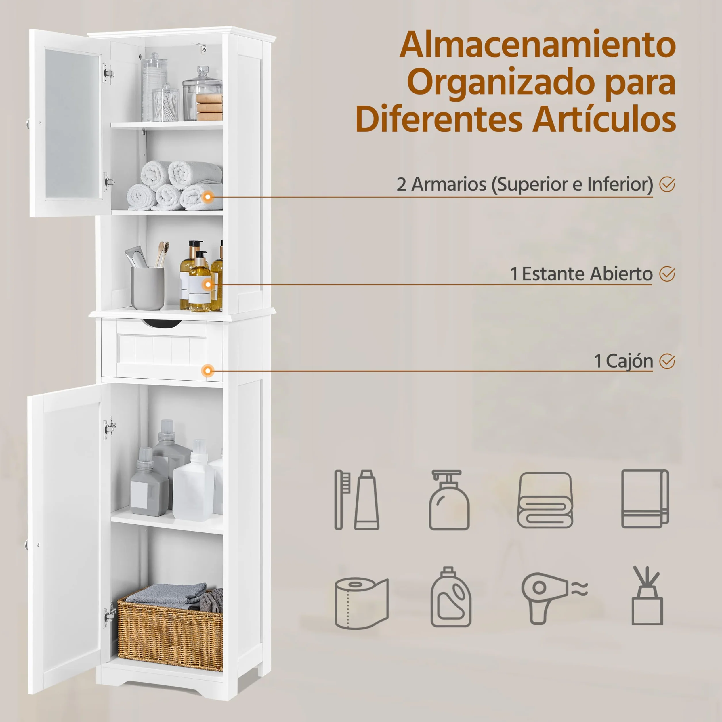 Yaheetech Armario Baño con Puerta de Cristal 40x30x170 cm Blanco