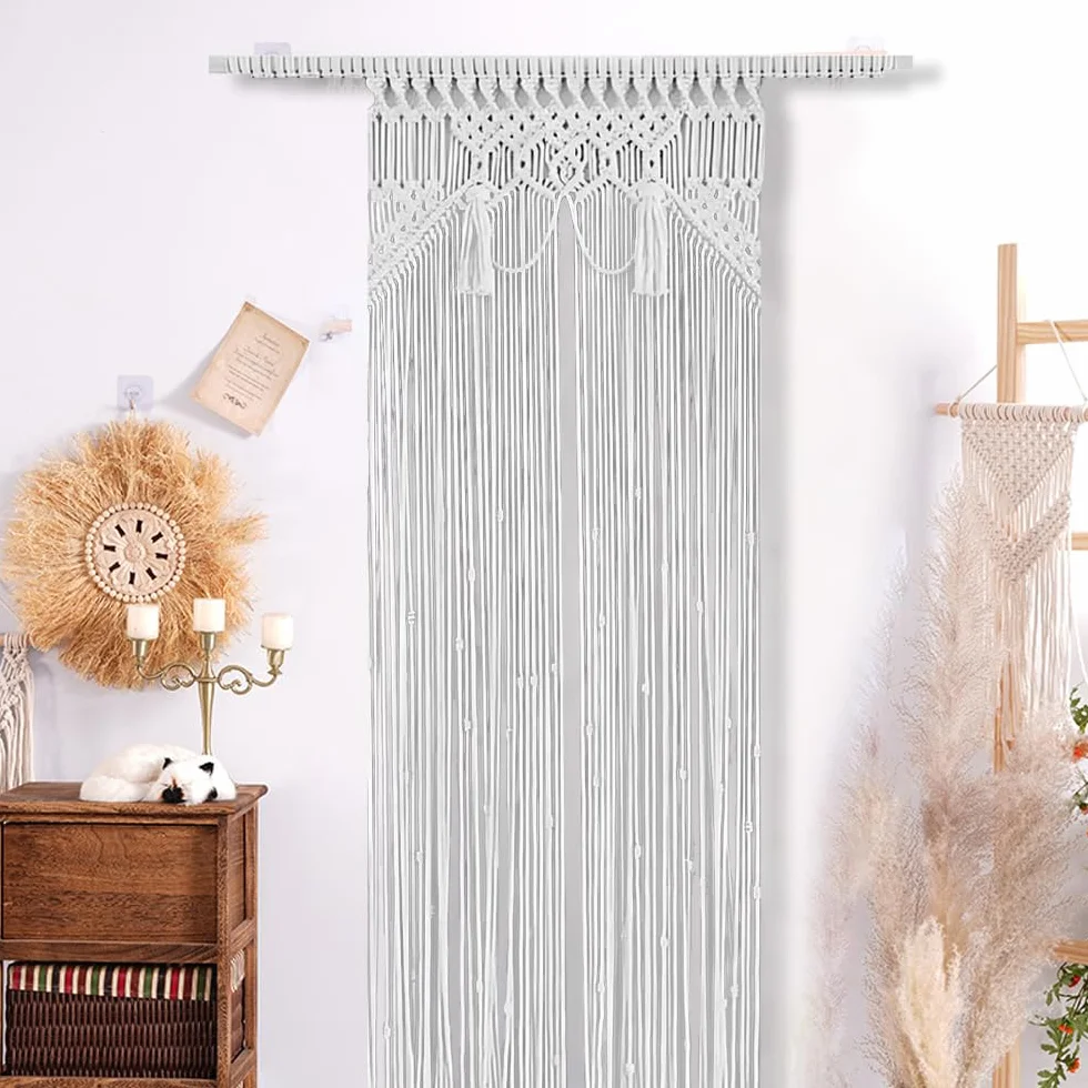 Cortina de macramé hecha a mano 72 x 190 cm bohemio beige