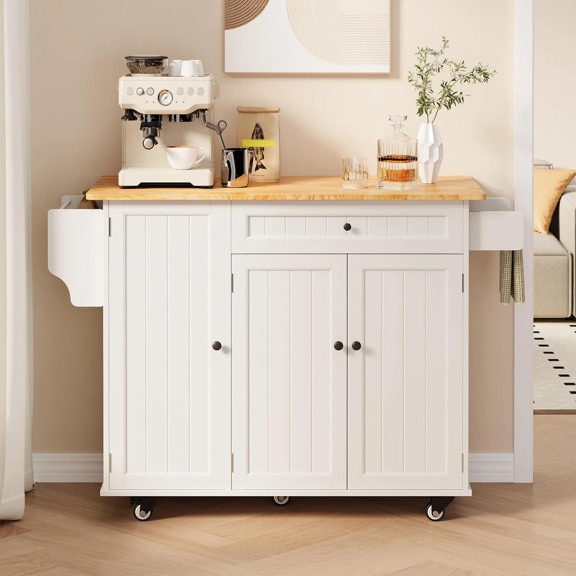 Xbro Isla Cocina con Ruedas, Mueble Auxiliar Cocina con Tablero Abatible, 1 Cajón y Estante, Isla de Cocina Compacta y Versátil, 130 x 75 x 88 cm, Blance