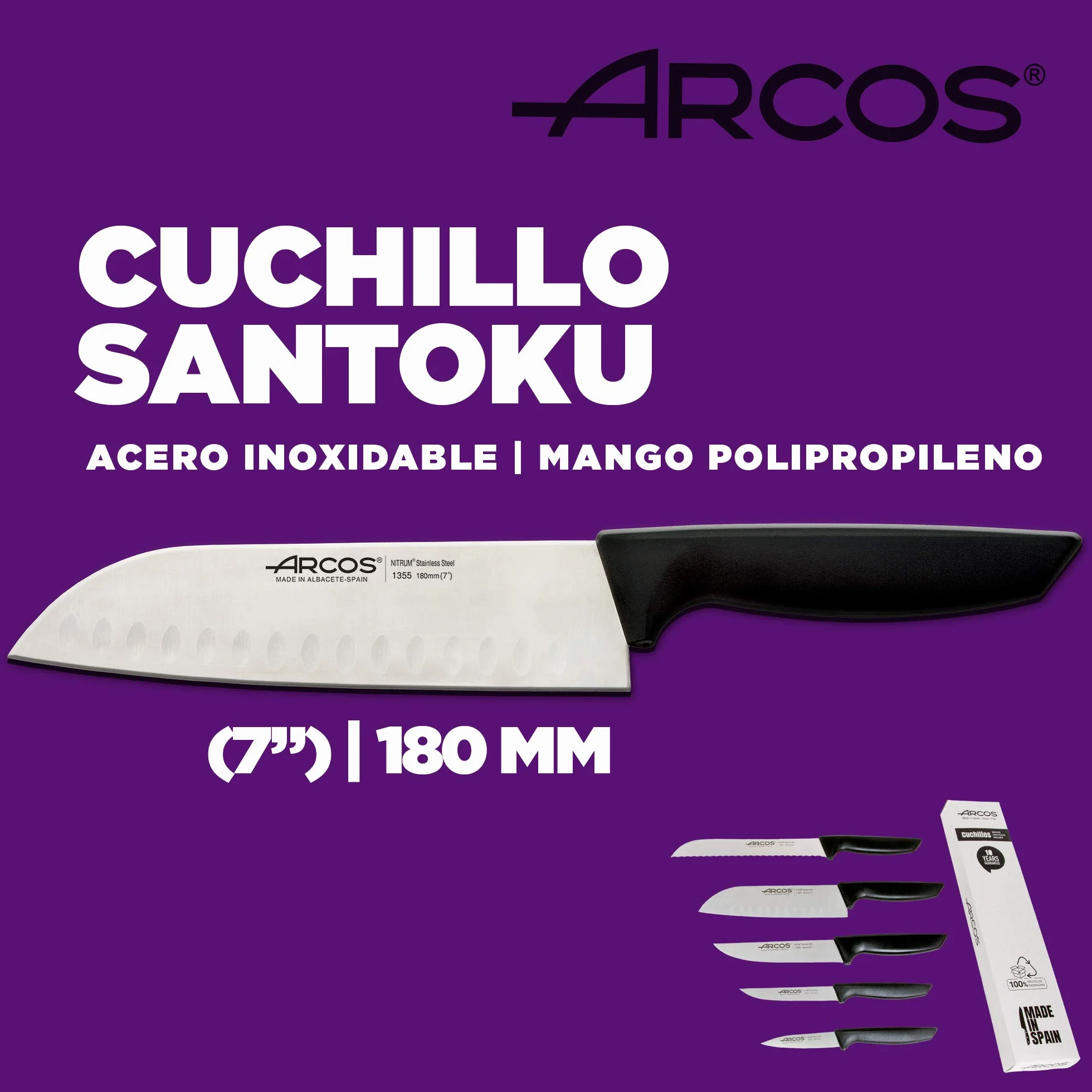 Arcos Juego Cuchillos Cocina Profesionales Acero Inoxidable Mango Negro 5 Piezas Santoku