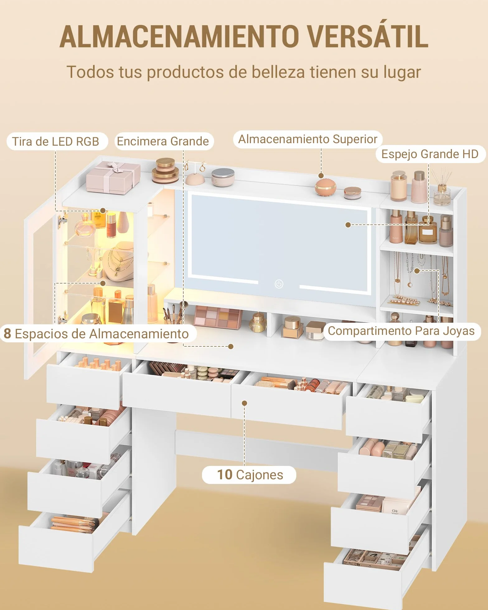 Tocador de Maquillaje Grande 140 cm con Espejo HD, Tira de Luz RGB, 10 Cajones, Blanco