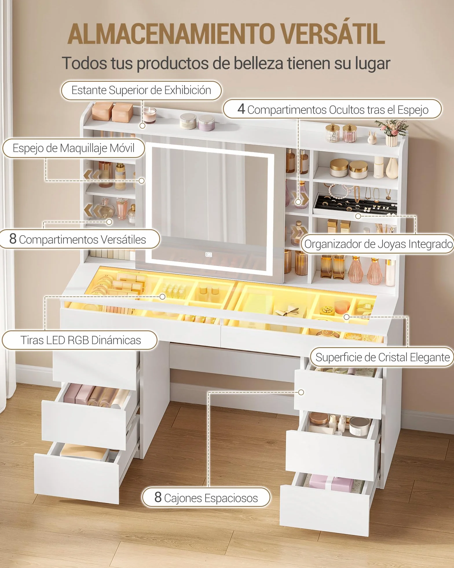 Hzuaneri 108 cm Tocador de Maquillaje, Tocador con Tablero de Cristal, Tira de Luz RGB, 8 Cajones, 9 Estantes de Almacenamiento Abiertos, Apto para Dormitorio, Blanco 1180203XEU