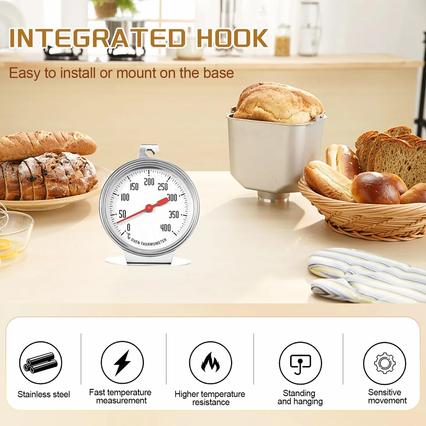 Termómetro para Horno 0-400 Grados TermóMetro de Horno para Horno de Gas Termómetro de Cocina de Calibre Grande de Acero Inoxidable para Cocina Hornear