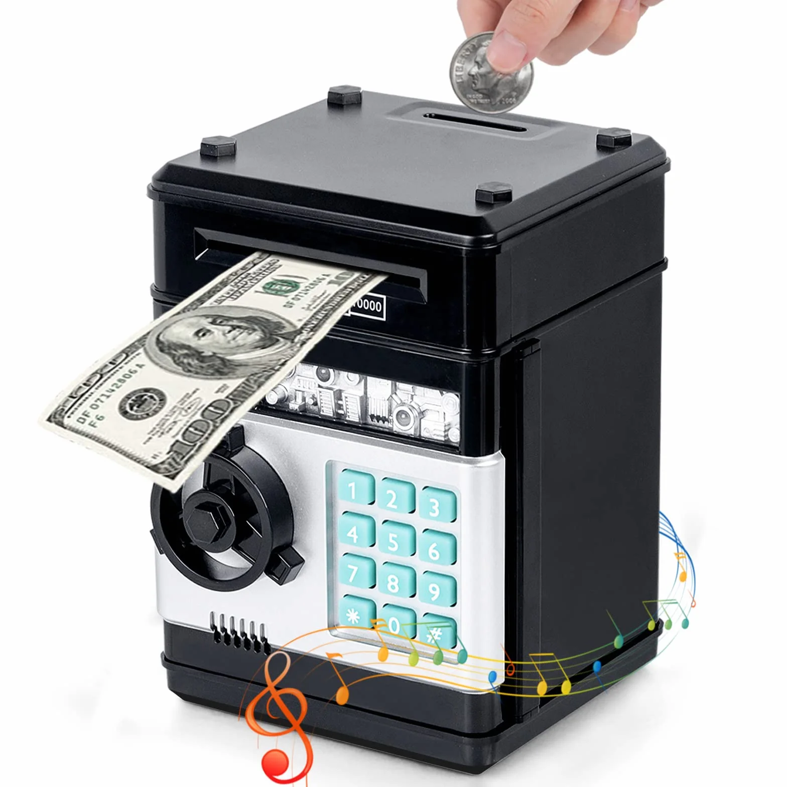 Thedttoy Hucha Electrónica Caja de Dinero para Niños 4-11 Años, Hucha Fuerte con Código y Cajero Automático, Regalos para Niñas y Niños (Negro)