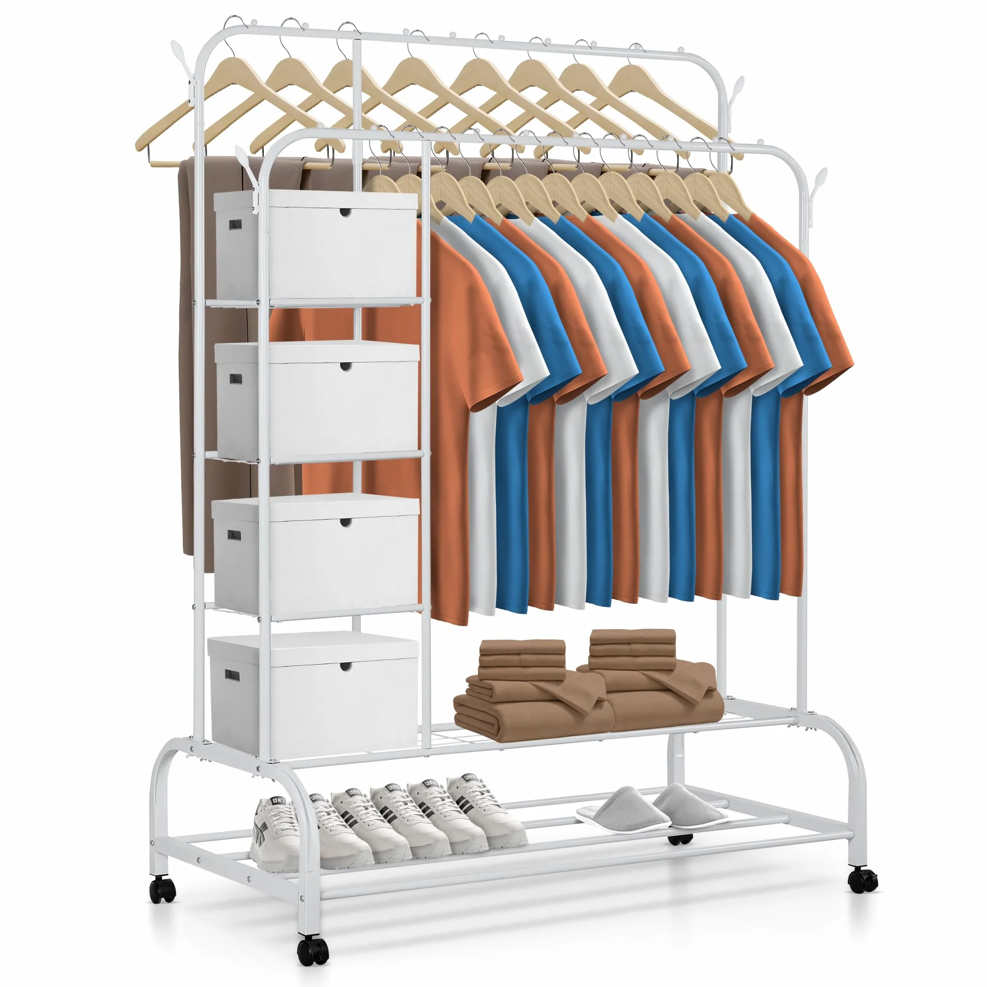 JUPPLIES Burro Ropa Resistente Perchero Doble con Soporte Ruedas Estantes Blanco