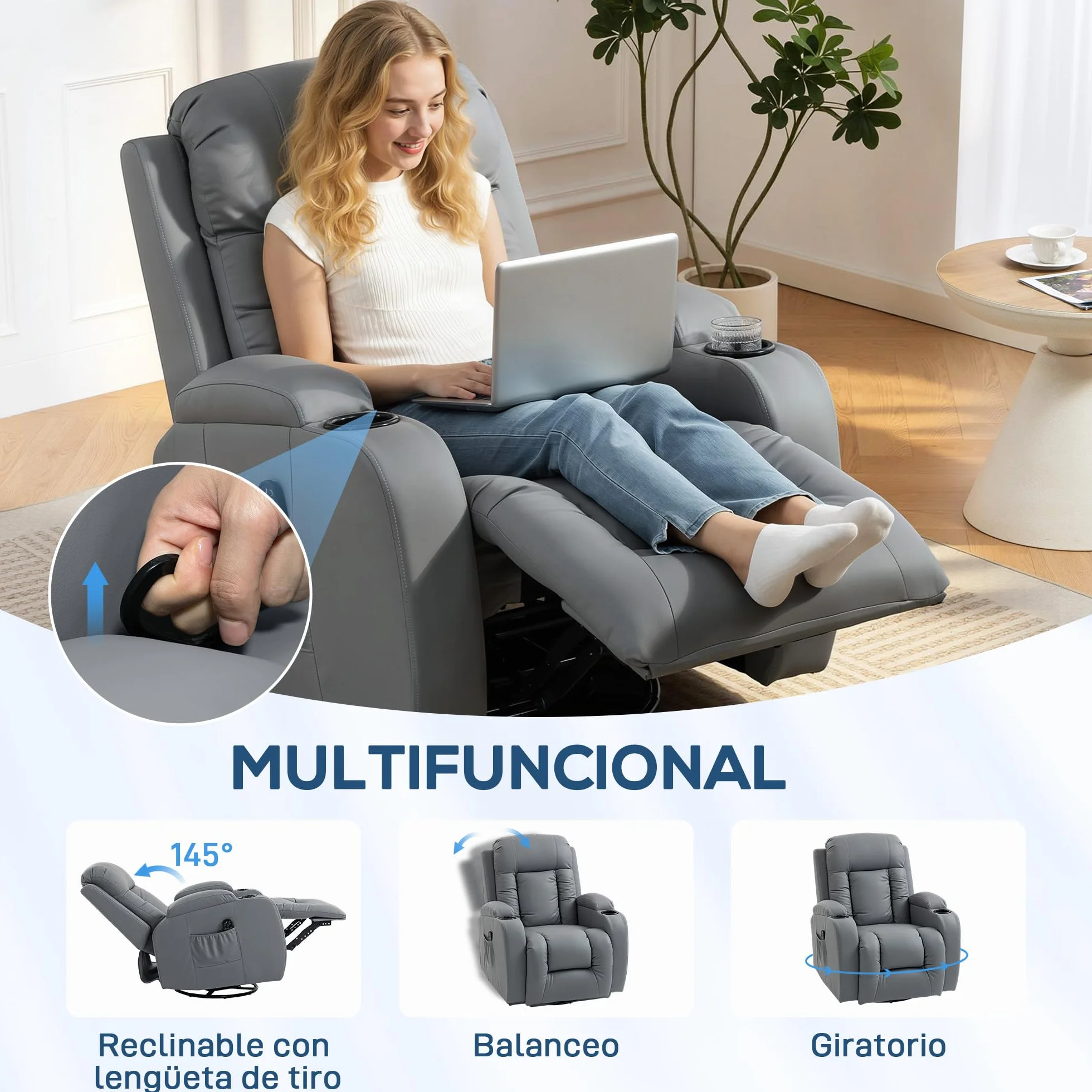 HOMCOM Sillón de Masaje Giratorio, Sillón Relax Reclinable con 8 Puntos de Masaje, Función Calefacción Lumbar, Mando a Distancia, Tapizado en PU, Reposapiés, Bolsillo Lateral, Función Basculante Gris