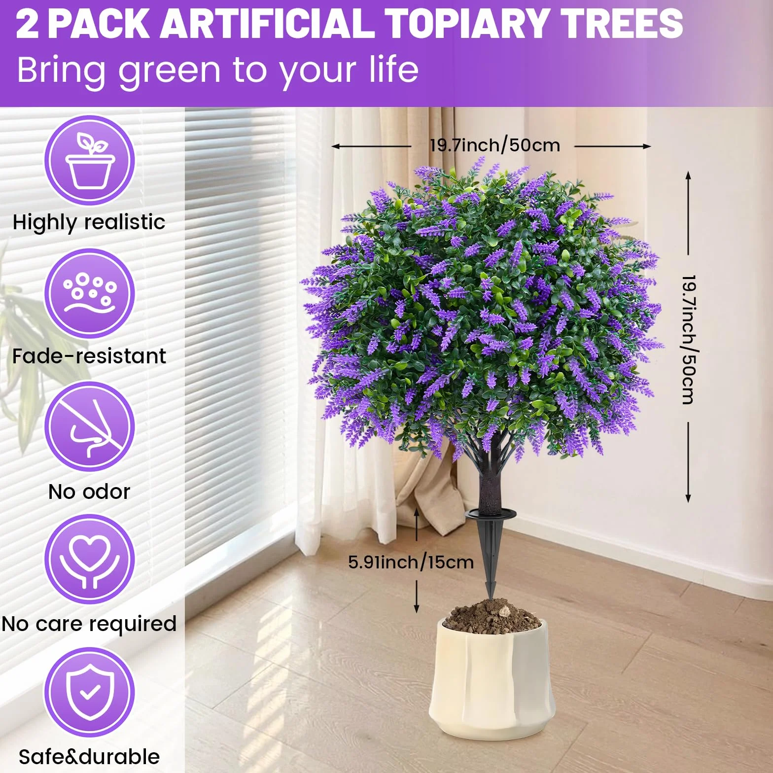 2 bolas topiarias artificiales de lavanda con estaca para el suelo, árbol artificial resistente a los rayos UV para decoración de interiores y exteriores, plantas artificiales para jardín, porche