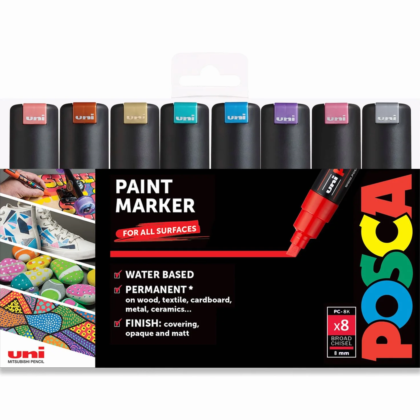 Posca PC-8K - Rotuladores permanentes a base de agua, punta de cincel de 8 mm, juego de 20,32 cm, cartera de plástico, tonos metálicos