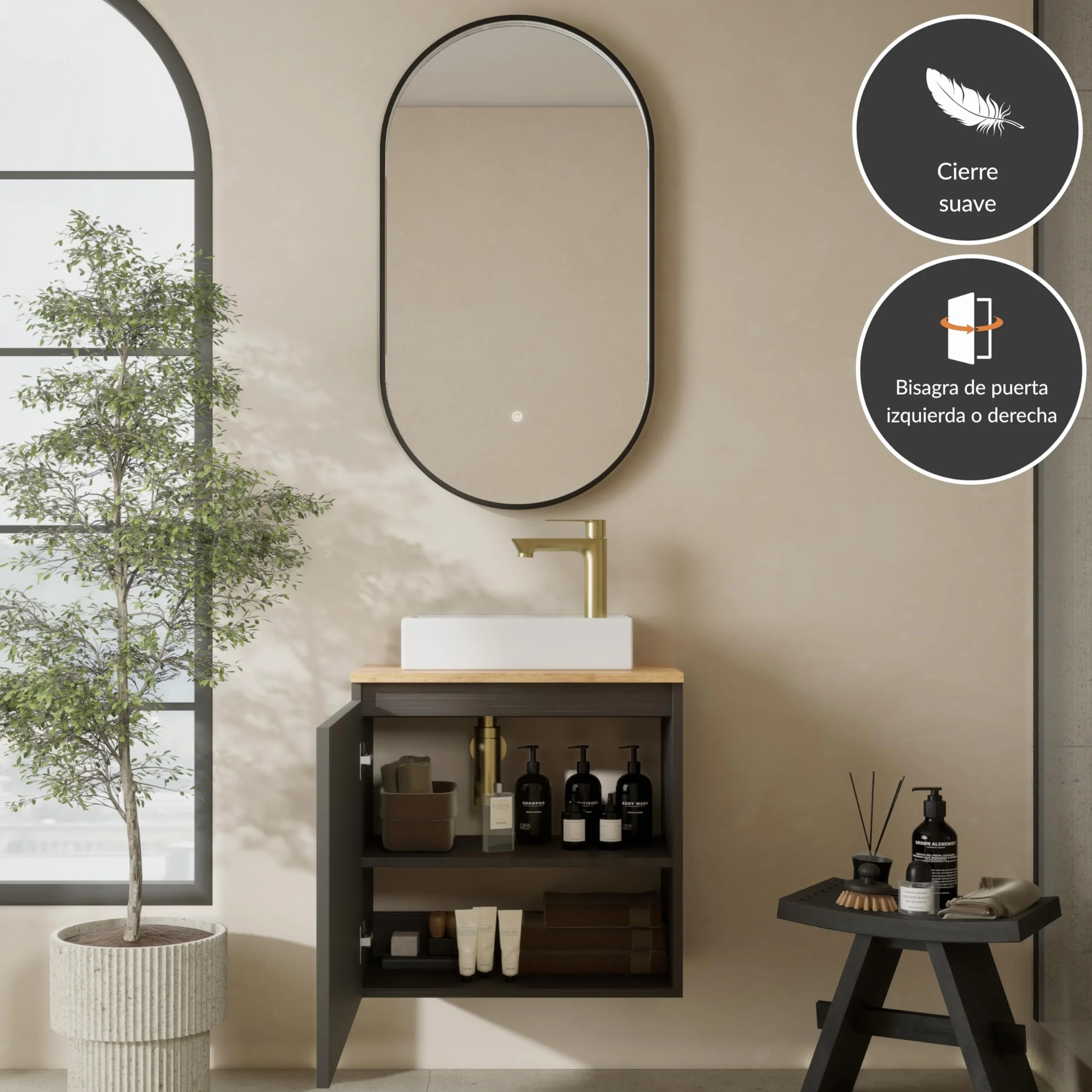Planetmöbel Conjunto de muebles de baño Lavabo con mueble bajo 56 x 55 x 30 cm Antracita y roble dorado, espejo de baño con iluminación, 50 x 90 cm, espejo con marco, ovalado, 3 niveles de iluminación