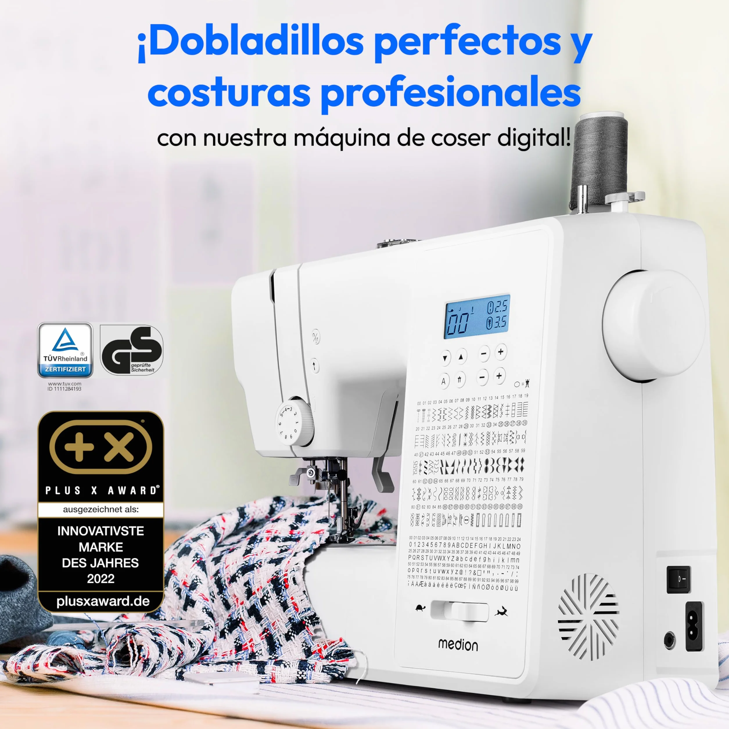 Máquina de coser digital MEDION SD36 (36 vatios, longitud y anchura de puntada ajustables, 270 patrones de puntada, luz de costura LED, enhebrador automático, botón de marcha atrás, cortador de hilo