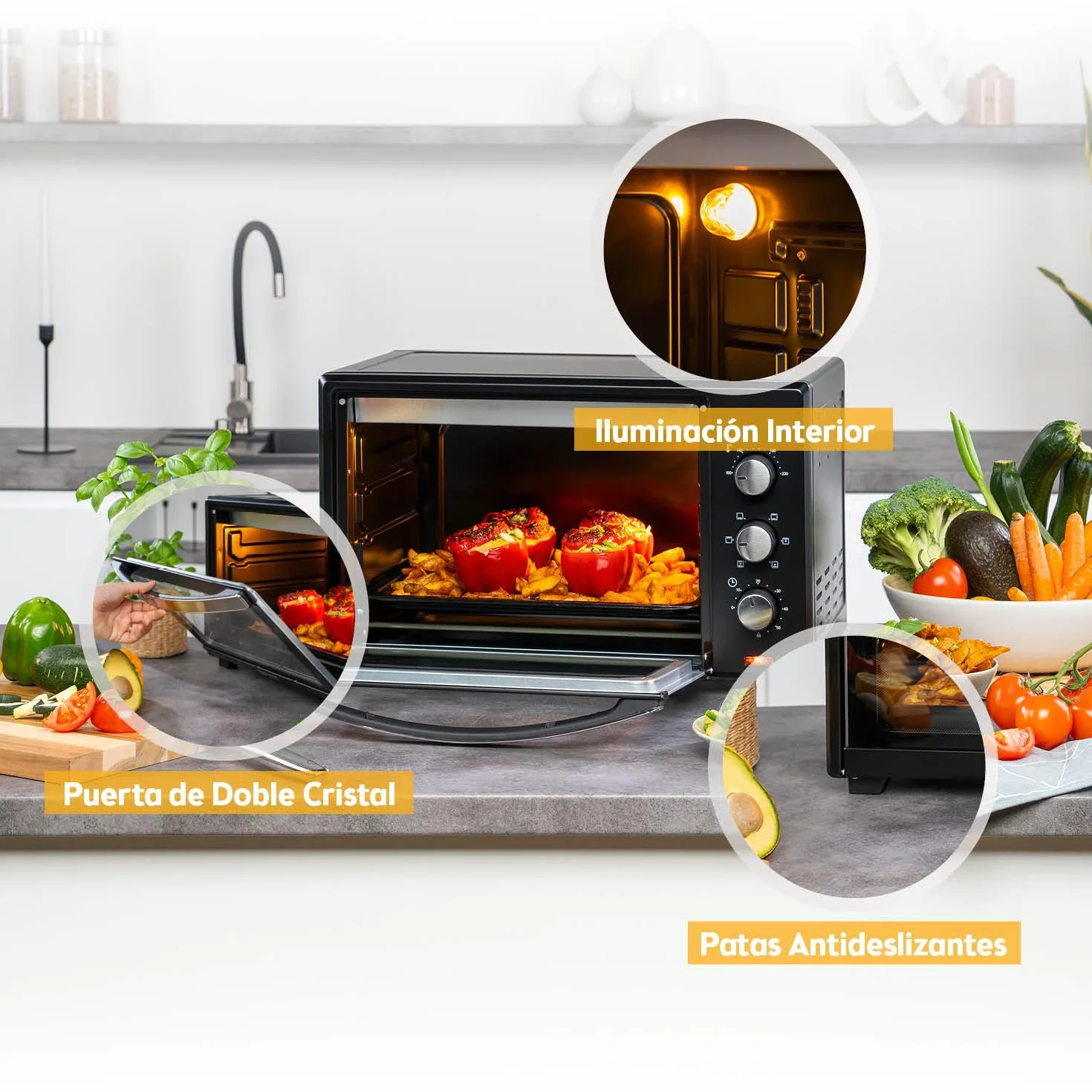 TZS First Austria - Mini Horno 35L 1600W - Minihorno pizza con regulación de temperatura 230°C y revestimiento antiadherente - Con temporizador de 60 min, 3 alturas de inserción, bandeja y parrilla