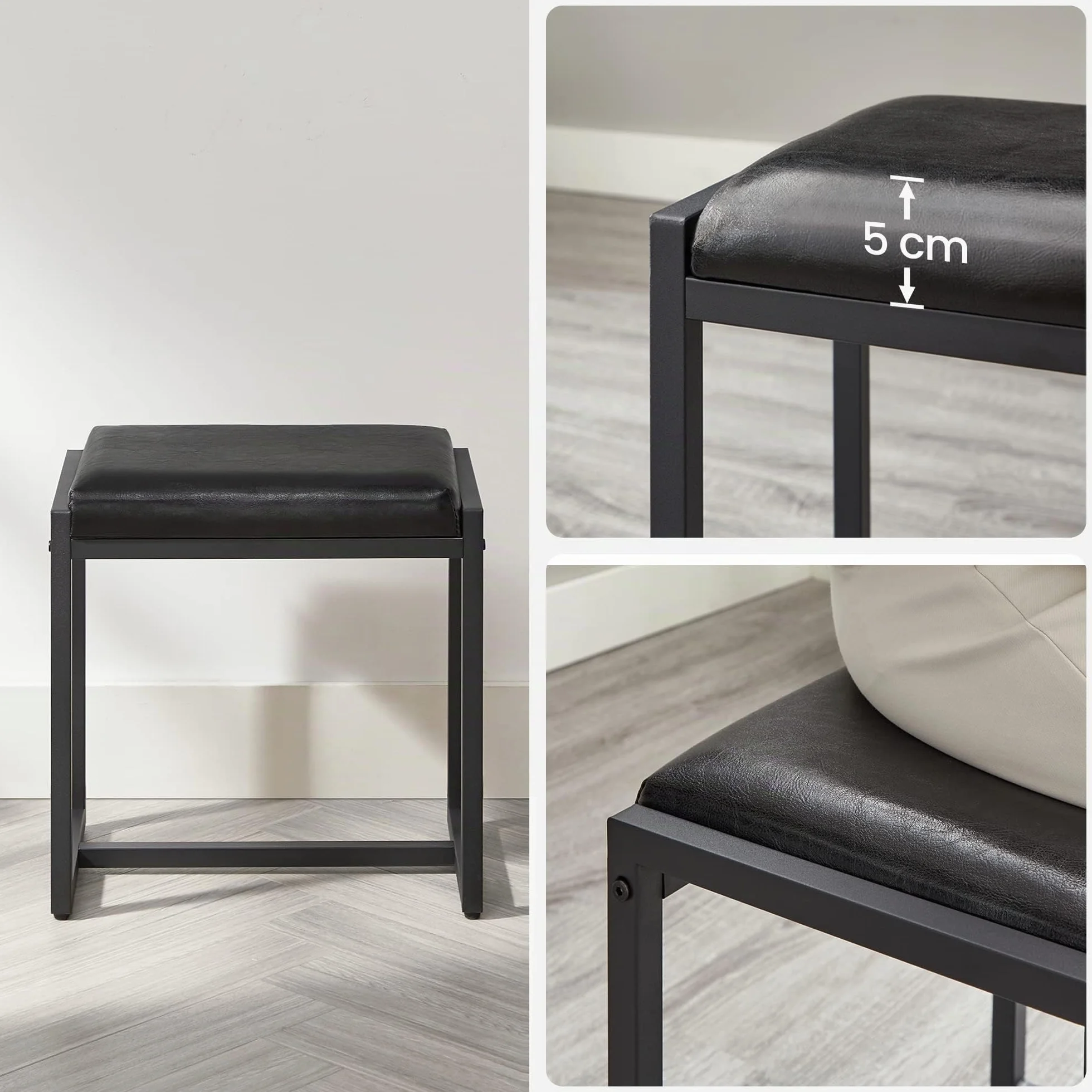 VASAGLE RVT004B01 - Conjunto de Armario Inferior con Taburete tapizado, 3 cajones, Soporte para secador de Pelo, tocador, Estilo Industrial, rústico, marrón y Negro