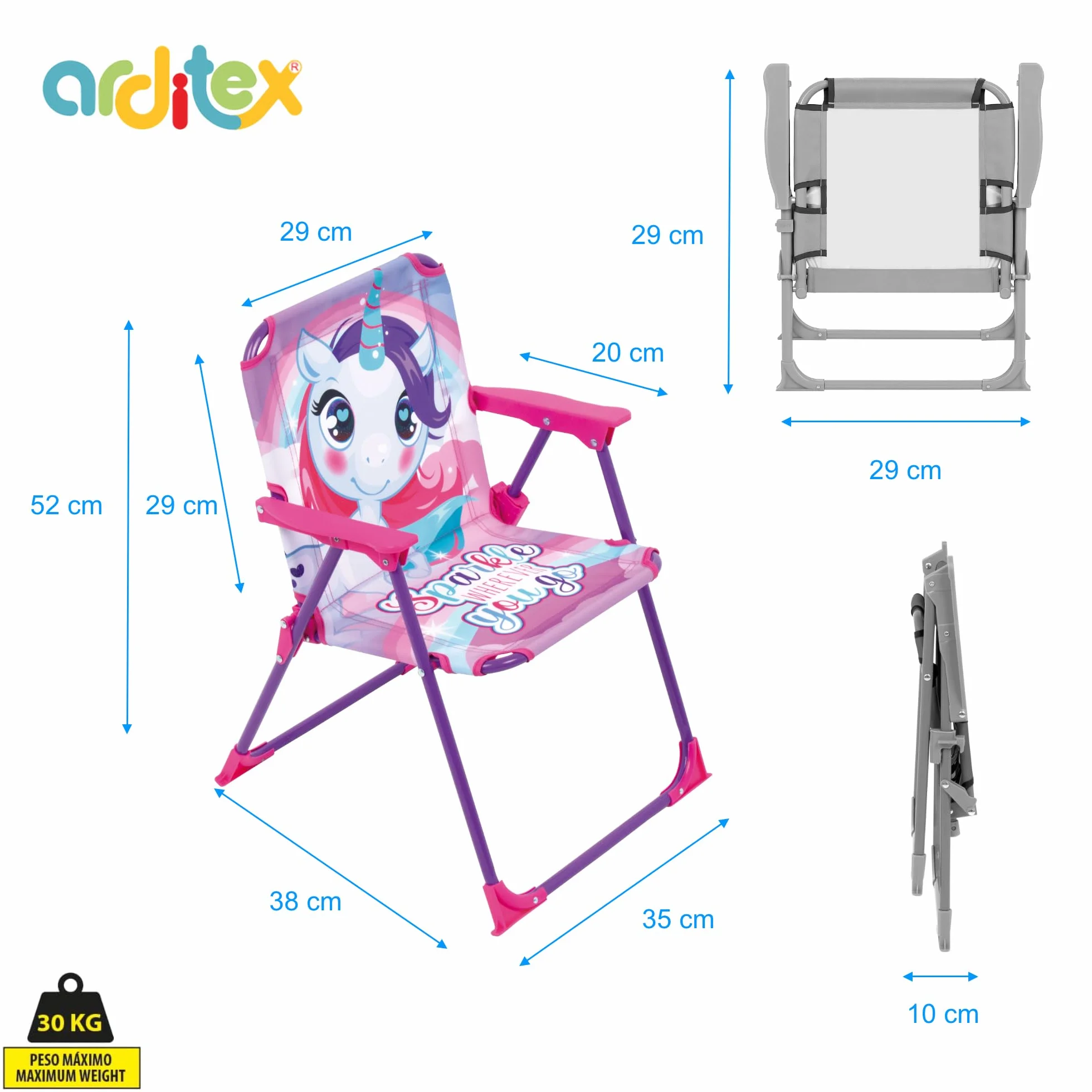 ARDITEX Silla Plegable con Brazos de Unicornio Sparkle 38x32x53cm