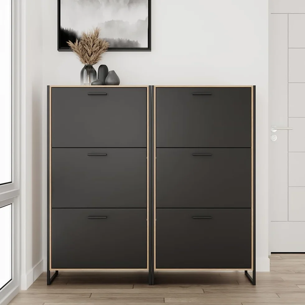 CASABEL, Mueble para Calzado Industrial (18 Pares), Armario para Zapatos, Almacenamiento de Entrada, Gran Capacidad, Ahorro de Espacio, Entrada Pasillo, Puertas Negras, Marco Madera Clara, Empresa