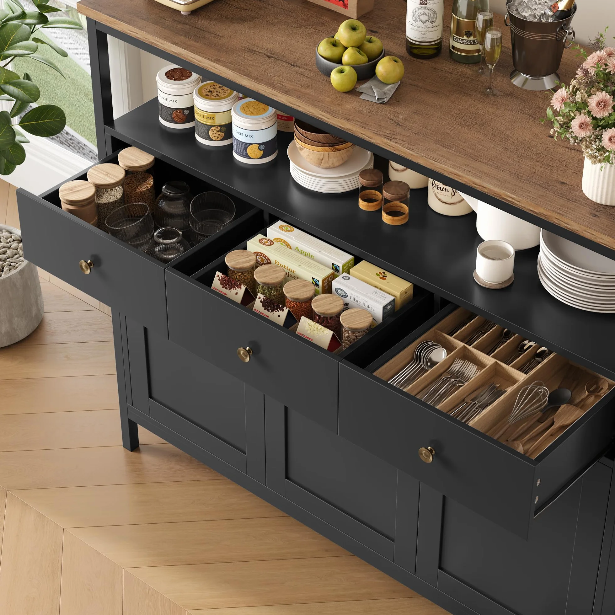 FirFurd Mueble Aparador, Aparador Cocina, Aparador Comedor, Mueble Almacenaje Auxiliar, para Salón, Baño, con 3 cajones y 3 Puertas, Estante Ajustable, 108x38x98,5cm (Negro)
