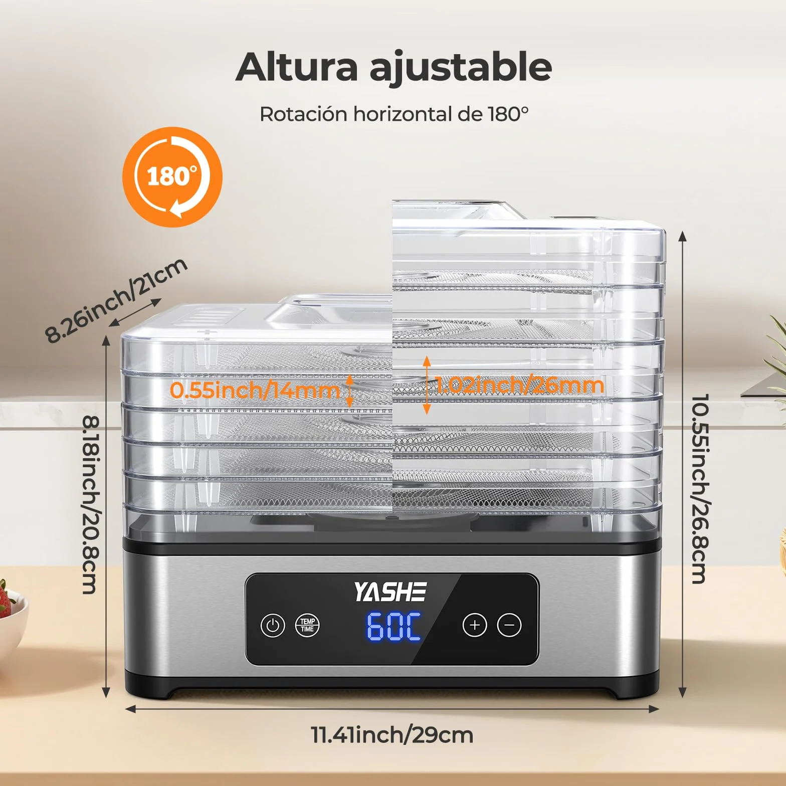 YASHE Deshidratador de Alimentos 5 Bandejas Acero Inoxidable 400W Flujo de Aire 360° Sin BPA