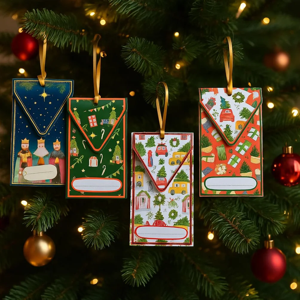 Billeteros navideños para regalar dinero efectivo, Pack de 8 sobres con cinta dorada, 4 diseños doble unidad