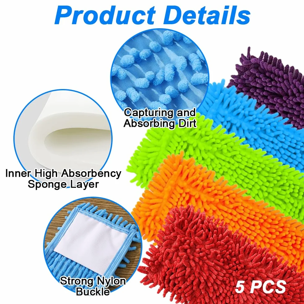 5 Piezas Recambio para Mopa de Microfibra, Multicolor Recambios de Mopa Lavable, Chenilla de Microfibra reemplazo Mop, para el Hogar, Oficina, Madera Dura, Mármol, Baldosas, Laminado, Suelos