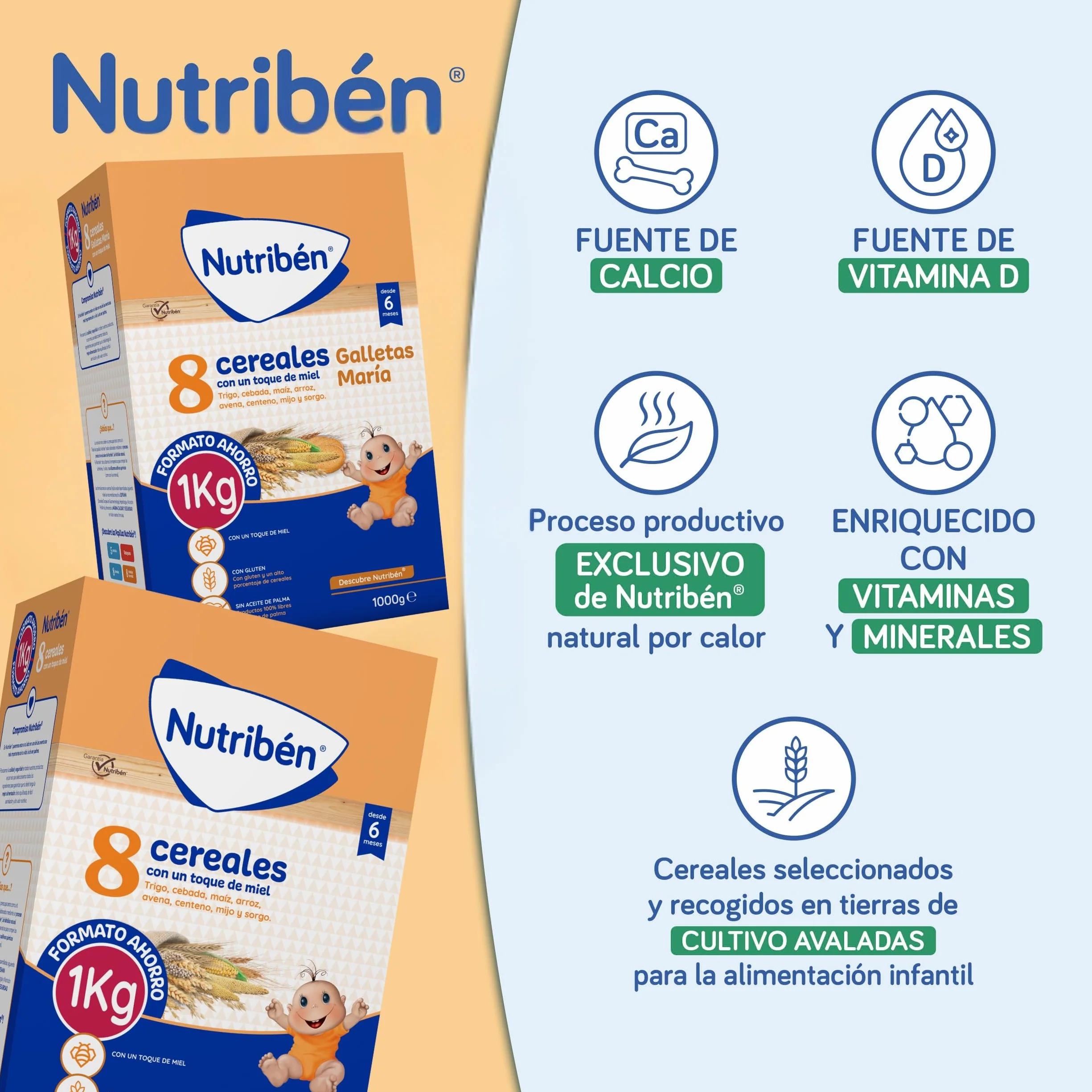Nutribén Papilla 8 Cereales con Miel y Galletas María 1000g Sin Azúcares Añadidos Alimento para Bebés 6 Meses