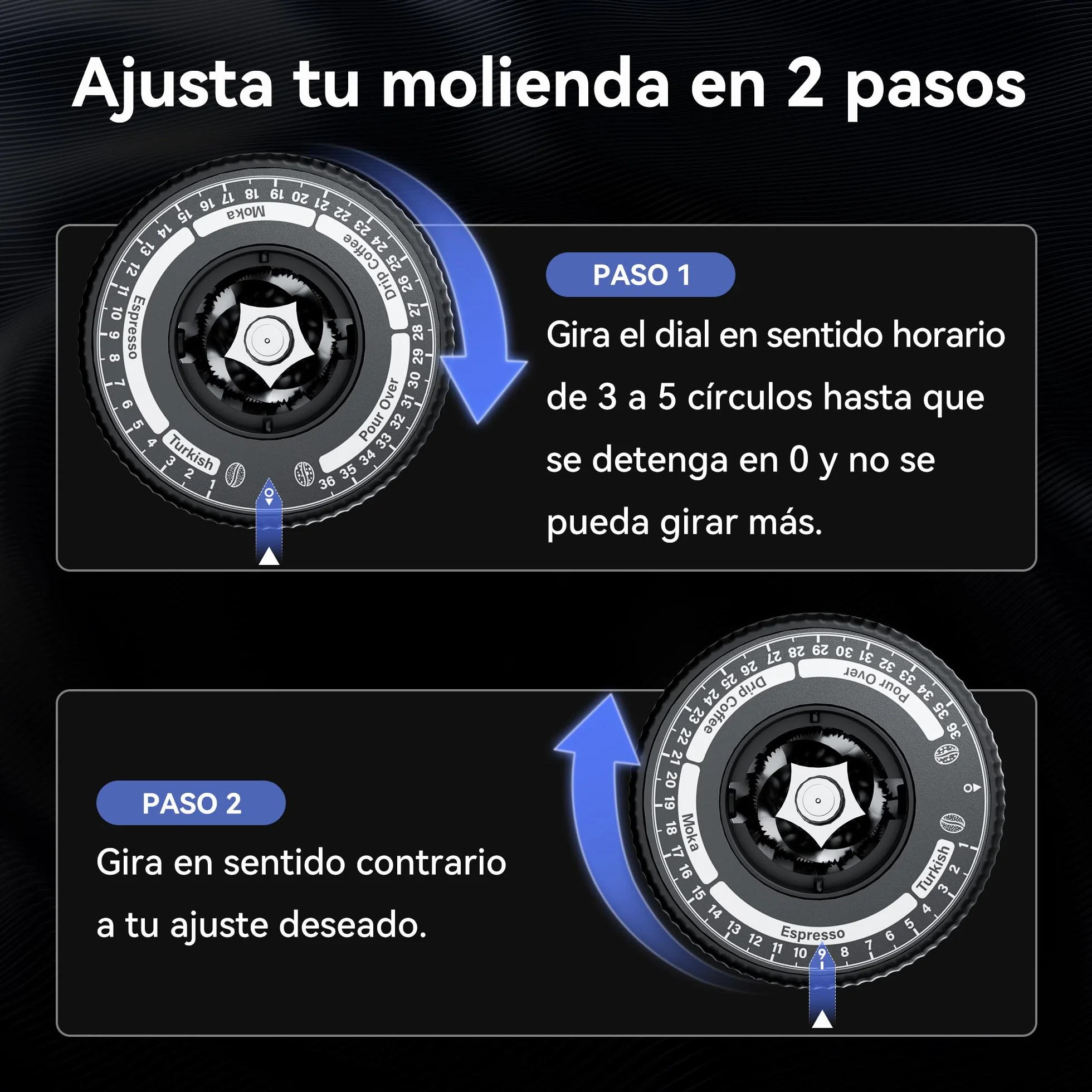 HIBREW Molinillo de Café Cónico, Molinillo de Café Espresso Monodosis con 36 Molidos Ajustables, Capacidad 50g de Granos, Aleación de Aluminio, Apto para Café Espresso/Pour Over/Mocca/Turco/Goteo