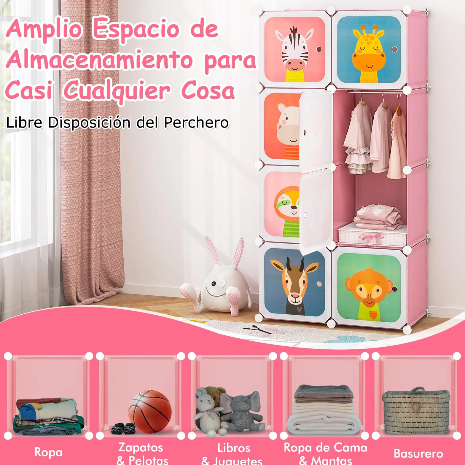 COSTWAY Armario Modular Infantil 8 Cubos Estantería Organizador Almacenamiento Juguetes 75x37x145 cm Rosa