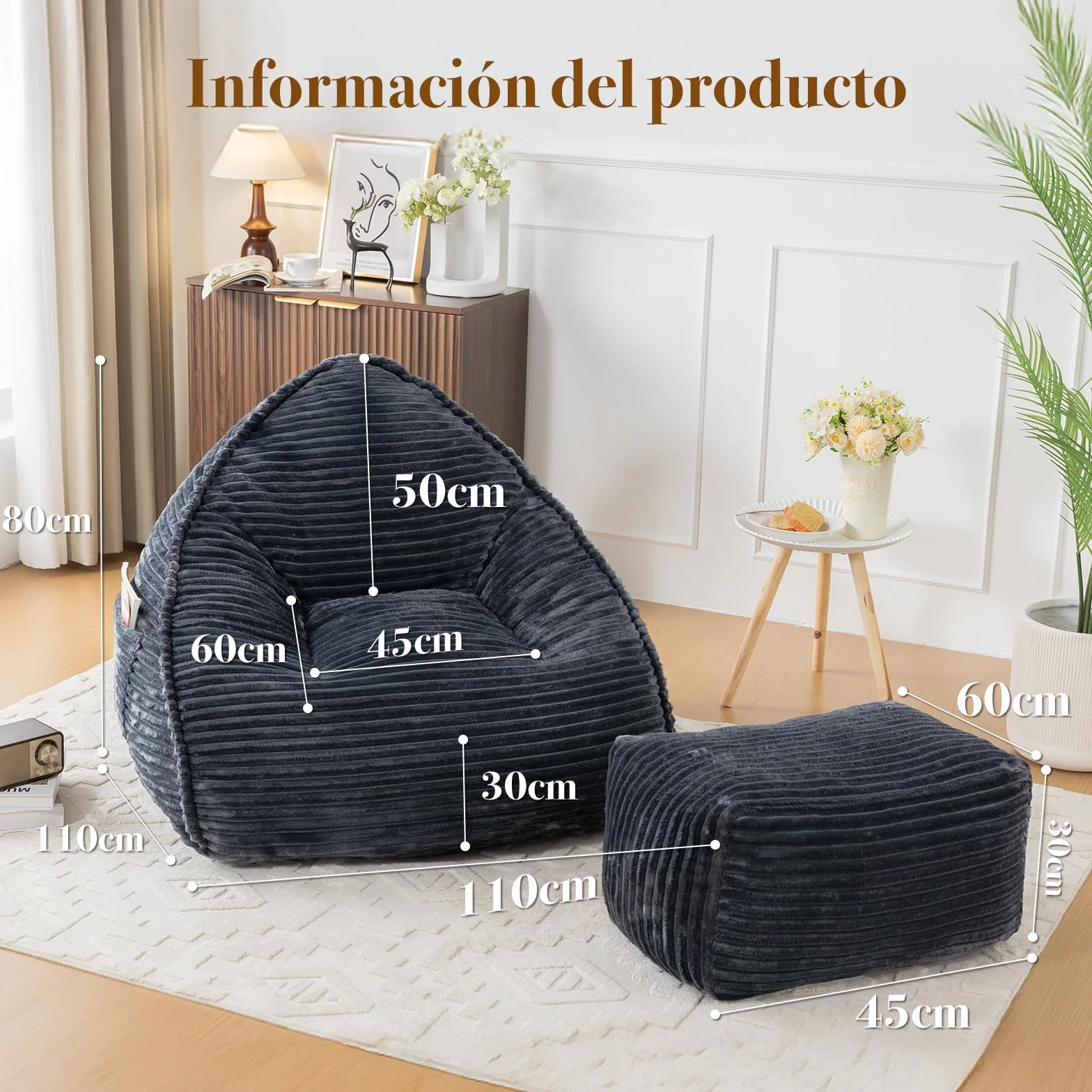 Vamcheer Puf para Adultos con Taburete, Mullido, Tejido De Franela Ultrasuave, Silla con Relleno De Esponja, XXL, Color Gris, Estable