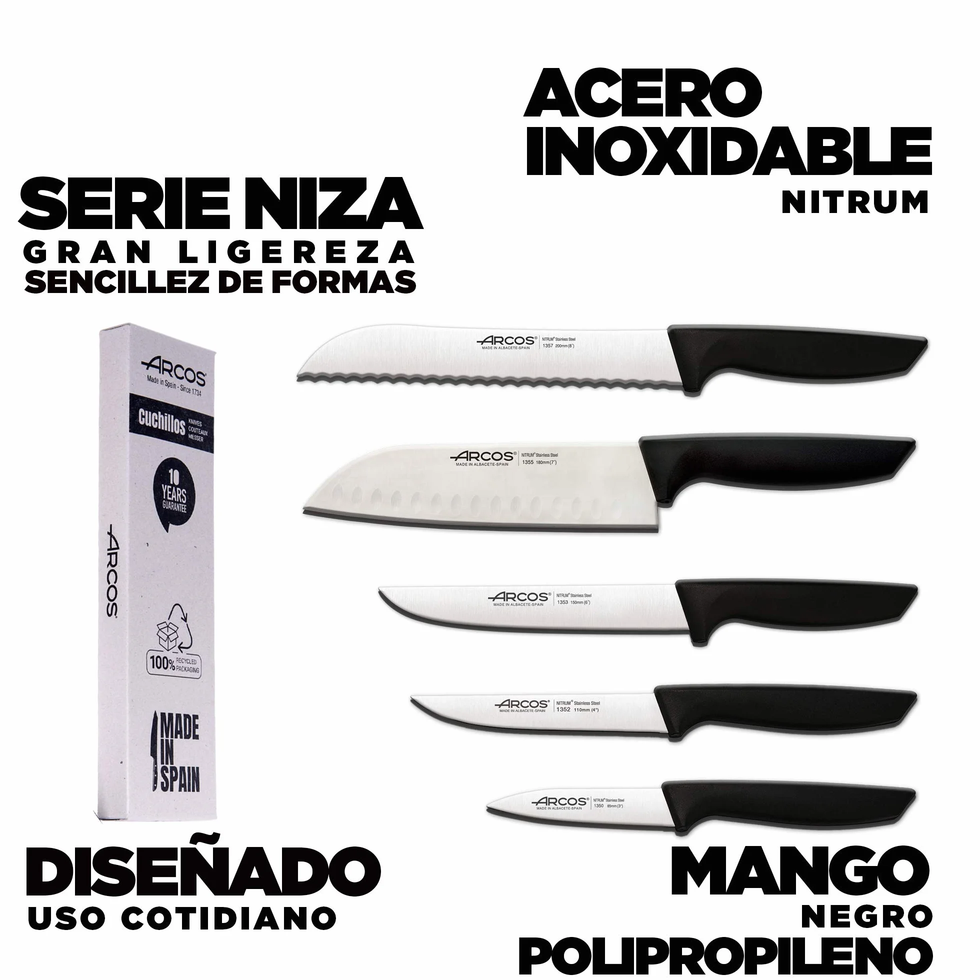 Arcos Juego Cuchillos Cocina Profesionales Acero Inoxidable Mango Negro 5 Piezas Santoku