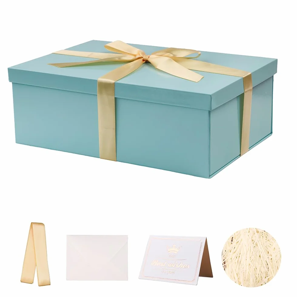 Caja de regalo Azul con tapa 31.5 x 21.5 x 11 cm, Cajas de Regalo Premium con Tapa y Cinta para Regalos de San Valentín, Navidad Incluye Papel seda triturado Tarjetas sobre