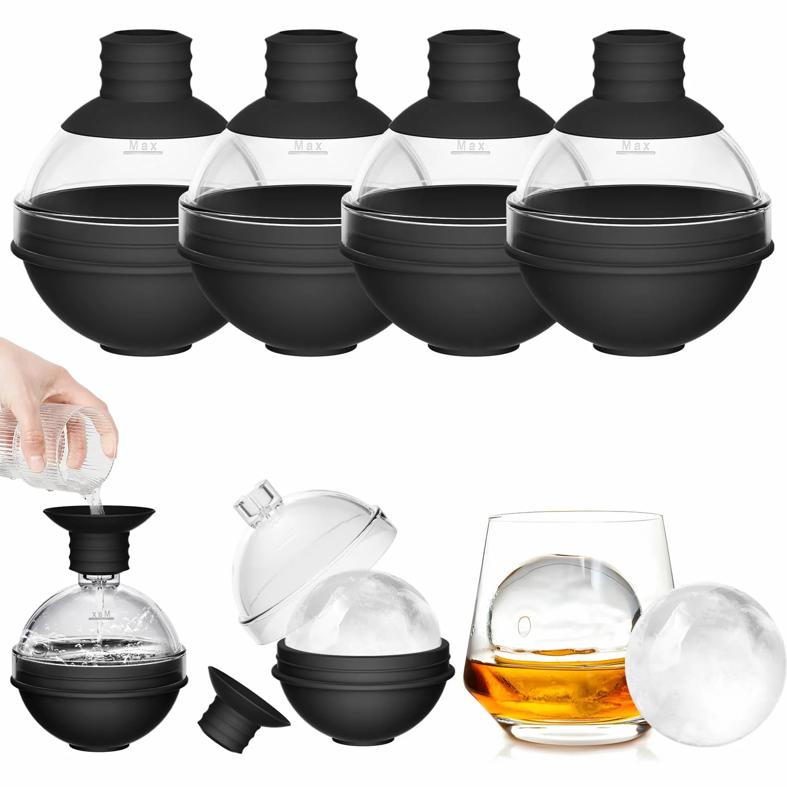 Bandeja de Hielo Circular Reutilizable 6 cm para Cubitos de Hielo con Tapa de Embudo - Cubiteras Grandes Redondos para Whisky, Cócteles y Vino (4 pcs)