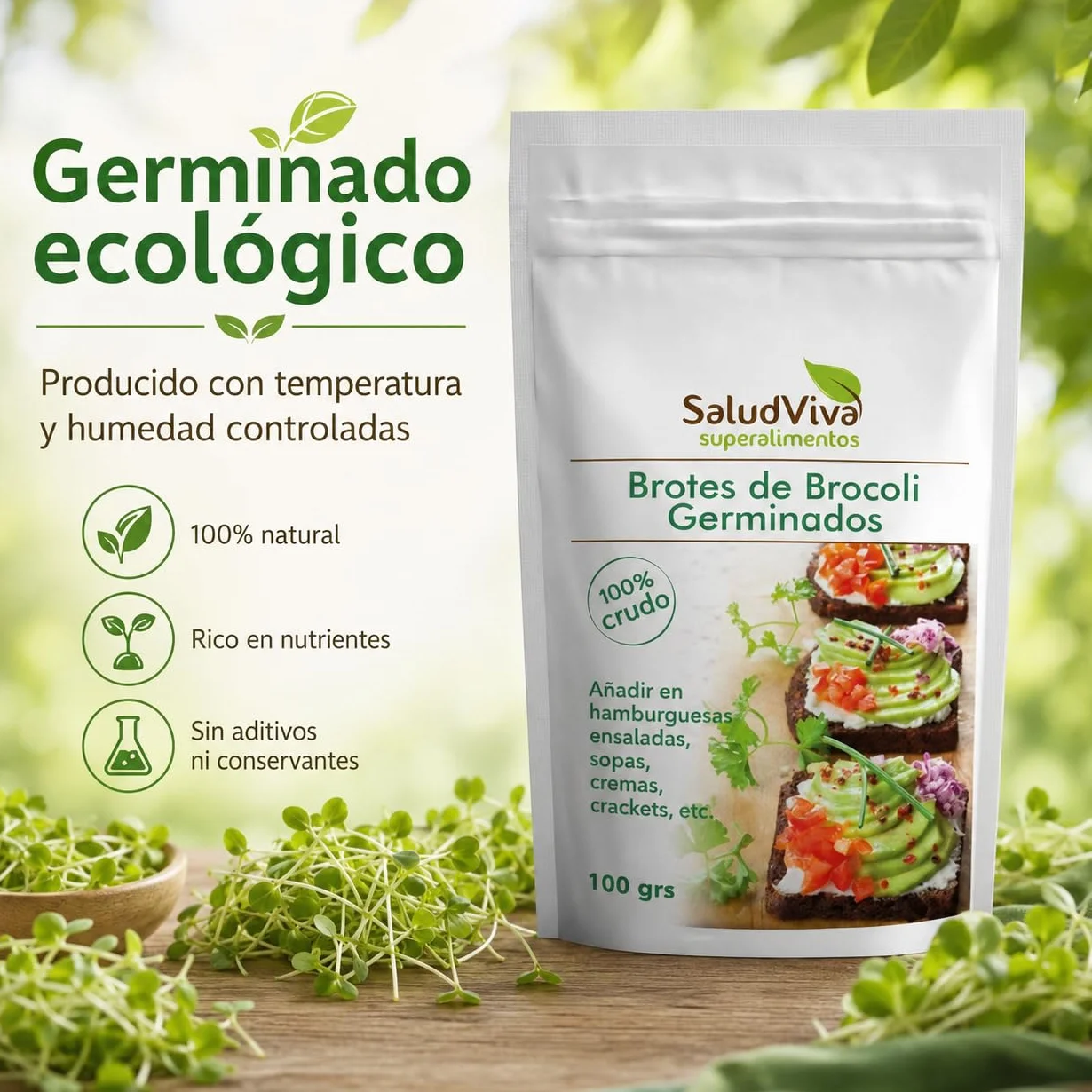 Salud Viva Brócoli Germinado Deshidratado Eco 100 g brotes de brócoli germinados alto en fibra fuente de proteínas