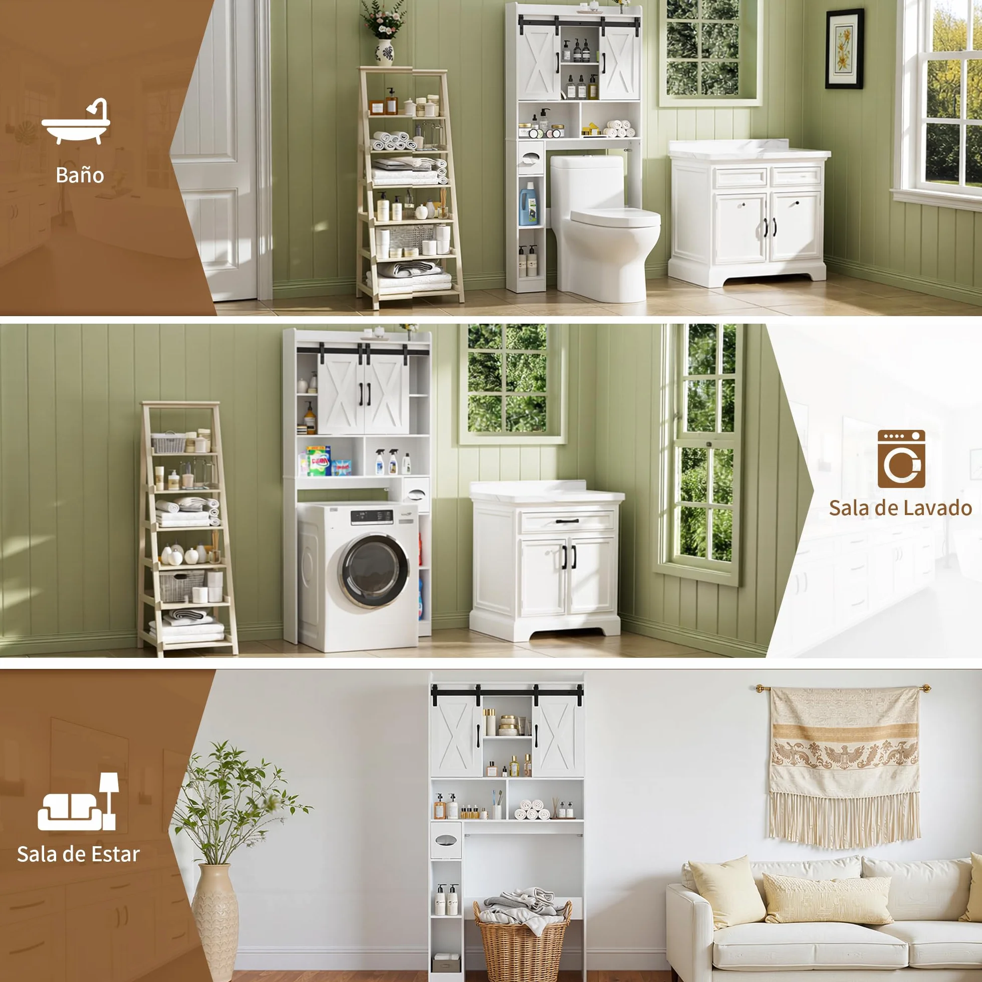 BonVache Mueble Lavadora Puerta Corredera Estantes Ajustables 5 Nichos Abiertos Compartimento Toallas Papel Baño Lavandería Blanco