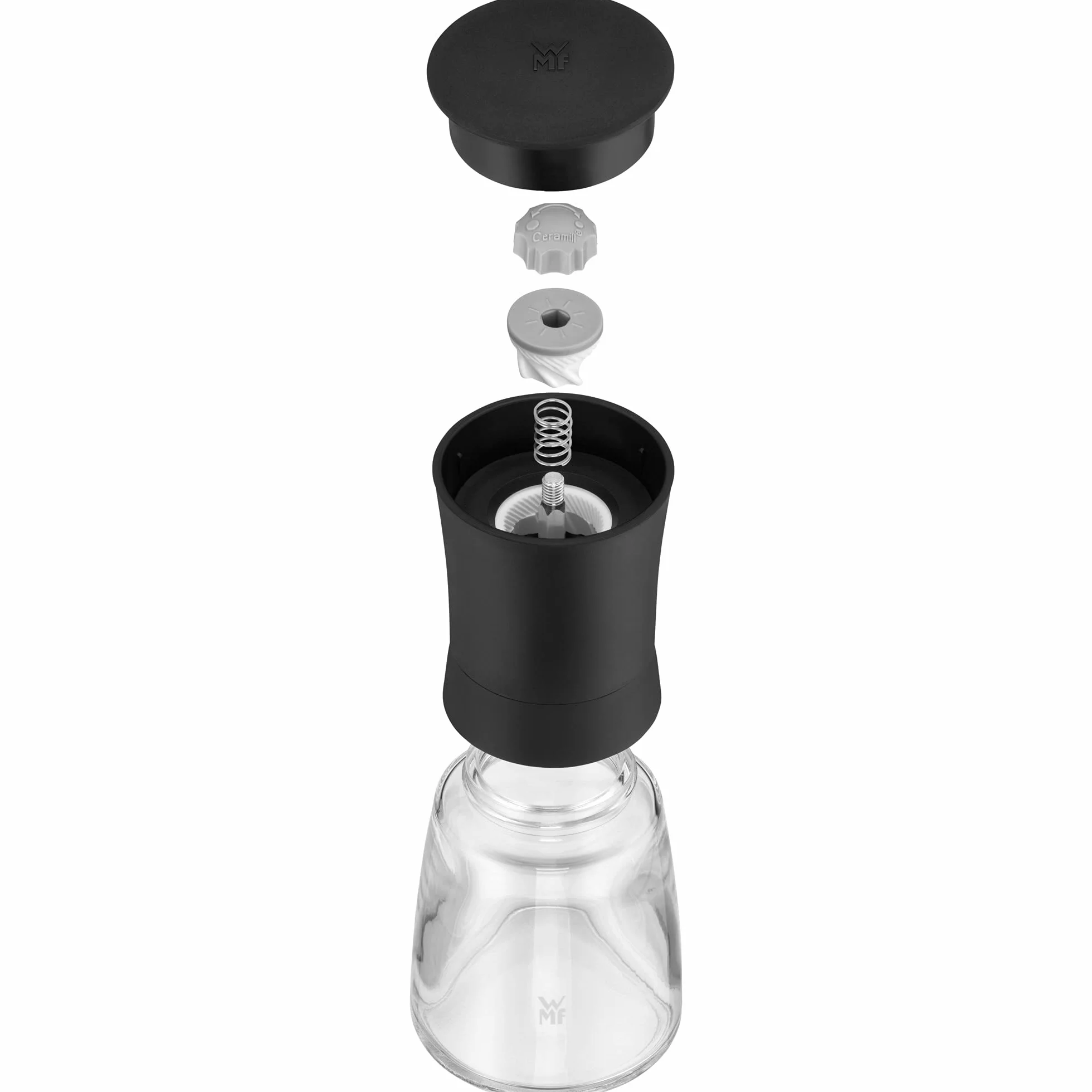 WMF Trend - Molinillo Cerámio de Especias 14cm, Apto para lavavajillas, Cristal, Tapa Color Negro