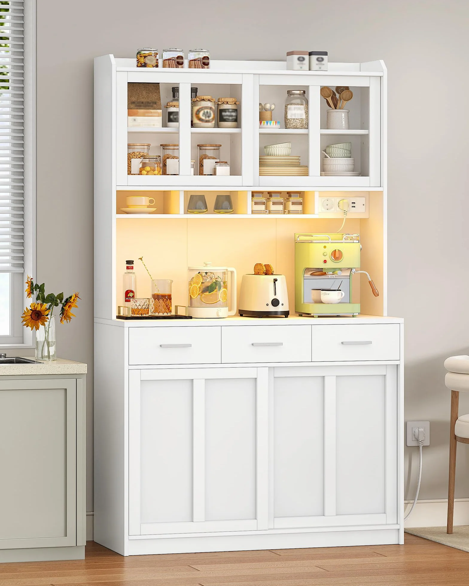 Hzuaneri Alacena de Cocina, Aparador Comedor con Iluminación Led y Regleta Eléctrica, Encimera, 3 Cajones, Estantes Ajustables, para Cocina o Comedor, 40 x 100 x 185 cm, Blanco 0110203XEU