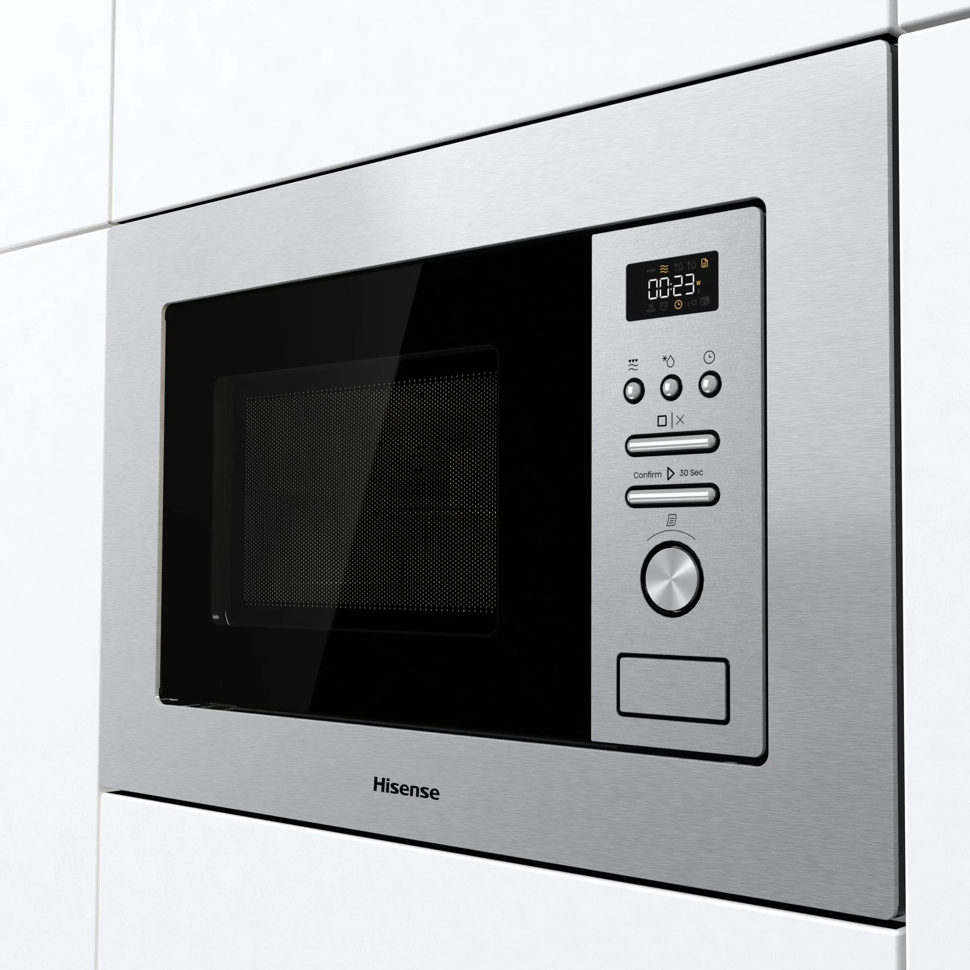 Hisense BIM320G41X - Microondas Integrable, 1000W, 20L, Alto 38.8cm x Ancho 59.5cm, Color Inox, 5 Niveles de Potencia, 15 Programas Preestablecidos, Grill Combo, Descongelar por Tiempo o Peso