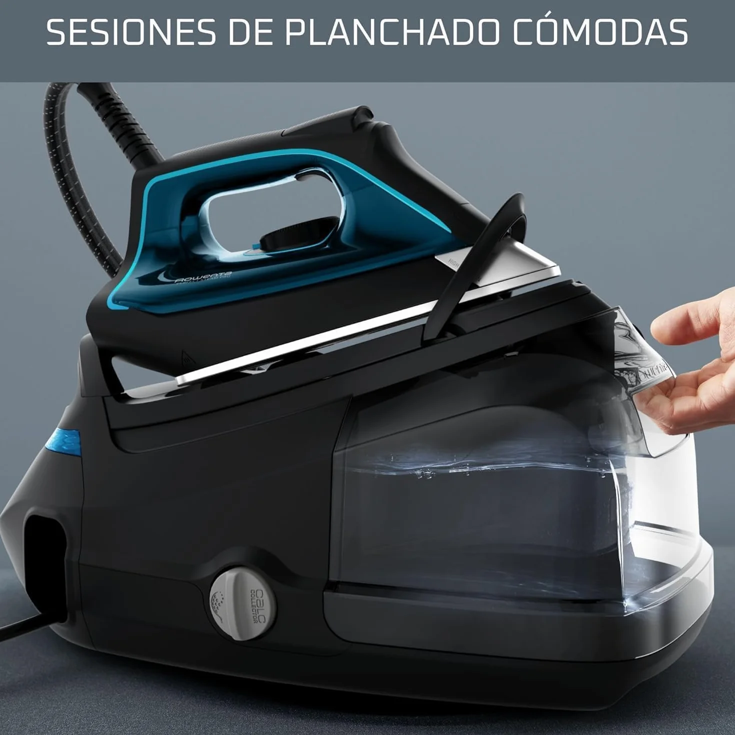 Rowenta Silence Steam Pro, Centro de planchado vertical, 7.5 bares, golpe de vapor de 480g/min, tecnología silenciosa, desinfecta, vapor con caldera, Color Gris y Azul, DG9160
