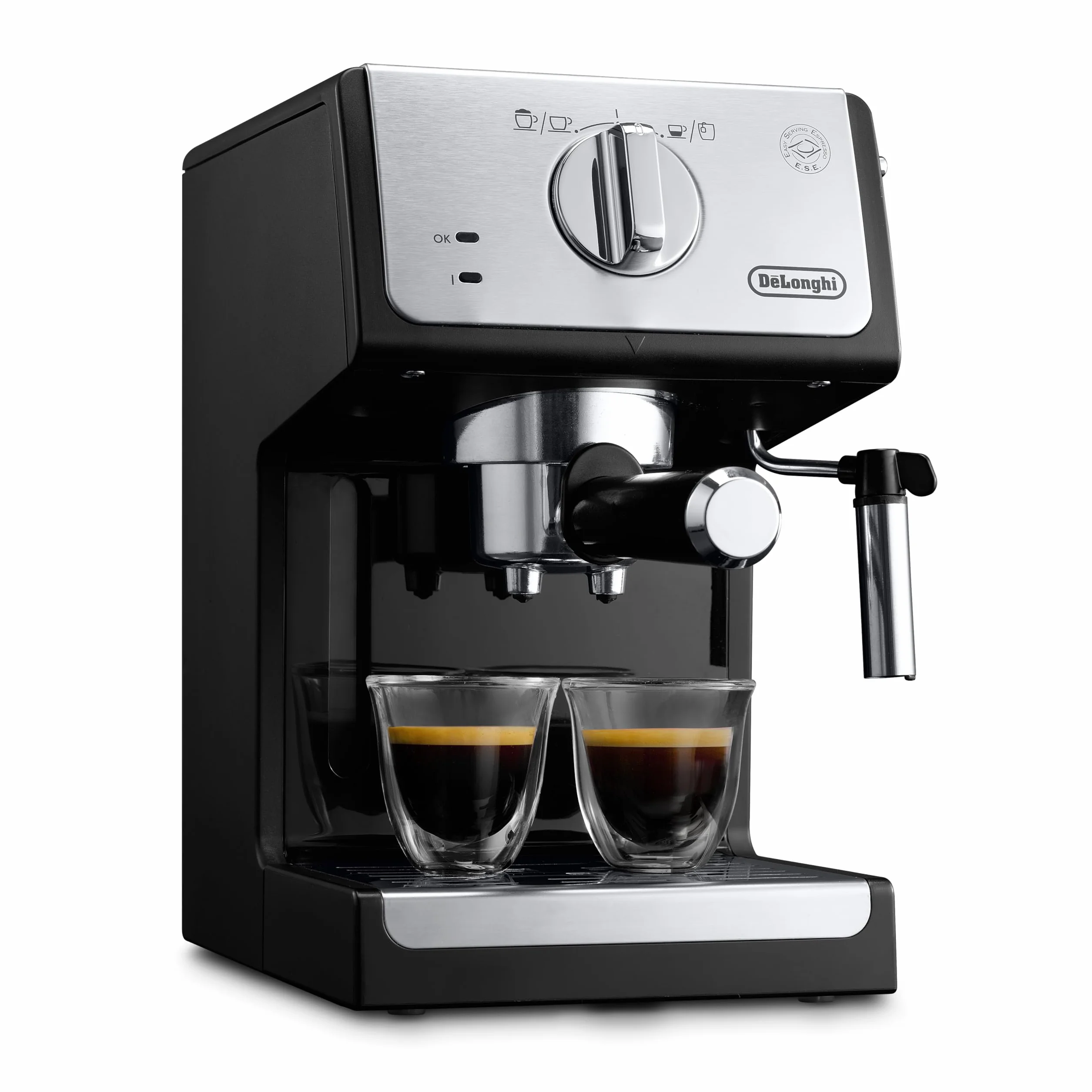 De'longhi - Cafetera de Bomba Tradicional para Espresso y Cappuccino, para Café Molido y Monodosis, 2 Tazas Simultáneamente, Depósito de Agua de 1.1l, 1100 W, ECP 33.21, Negro y Plata