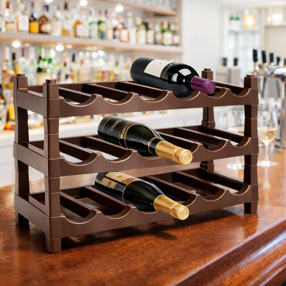 Ichigo Ichie Botellero de Plástico Apilable de 3 Niveles para 18 Botellas, Estanterías para Botellas de Vino, Estante de Almacenamiento para Exhibición de Vinos, Ideal para Hogar, Bar y Bodegas
