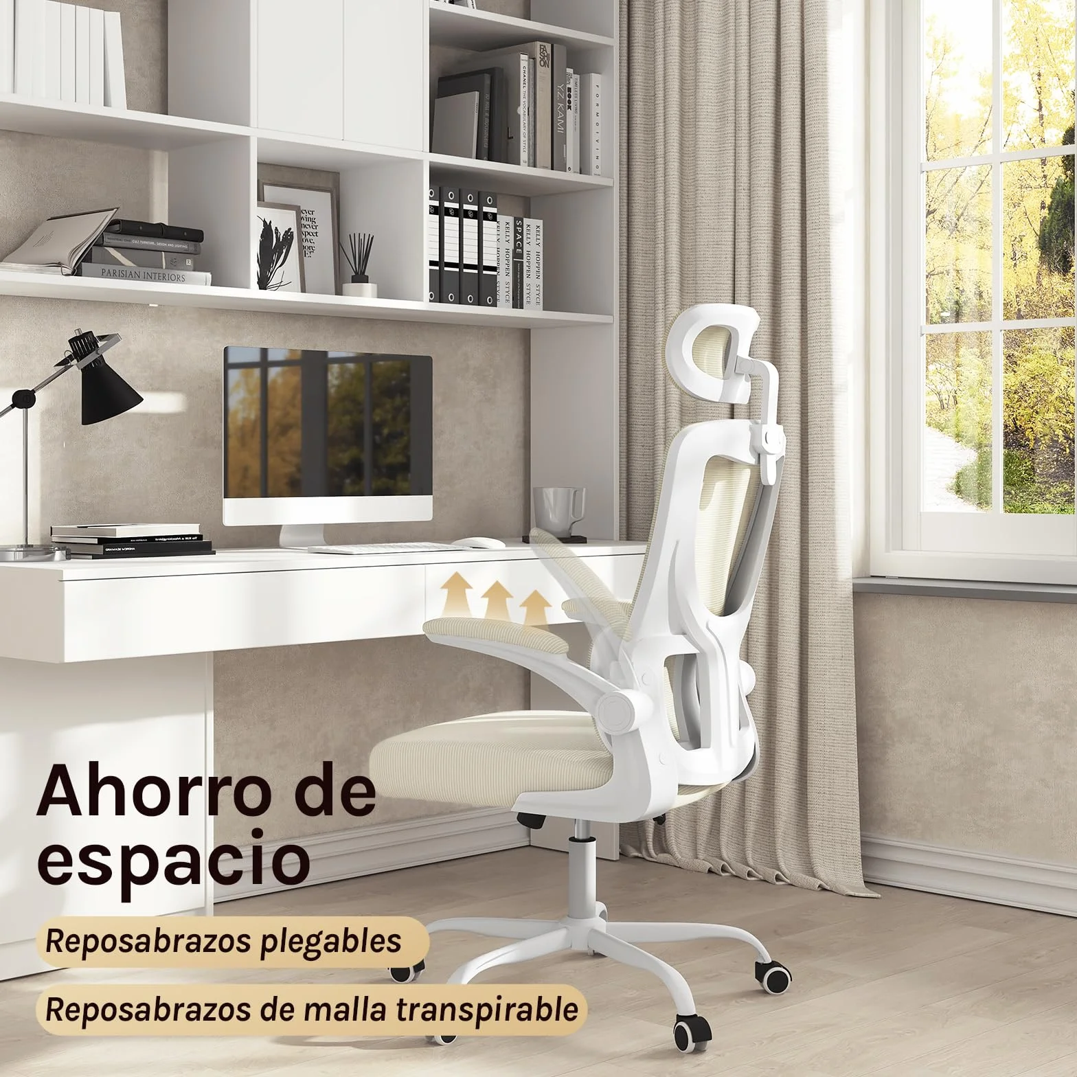 WOLTU Silla Oficina Ergonómica, Sillas Escritorio con Reposabrazos, Reposcabezas y Soporte Lumbar, Respaldo Inclinable de Tela Malla, Beige