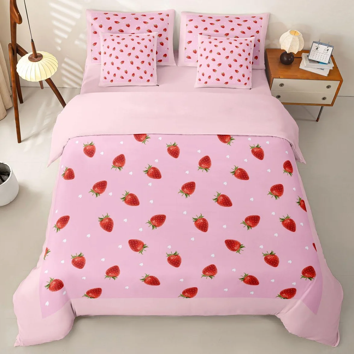Loussiesd Juego de funda de edredón de 7 piezas con estampado de fresas kawaii, tamaño doble, juego de ropa de cama completo con funda de edredón, sábanas, fundas de almohada y fundas de cojín