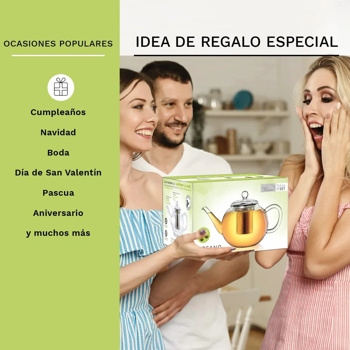 Creano Set de Regalo Tetera de Vidrio 1,2L con 2 Flores de Té – Incluye Filtro de Acero Inoxidable Extraíble